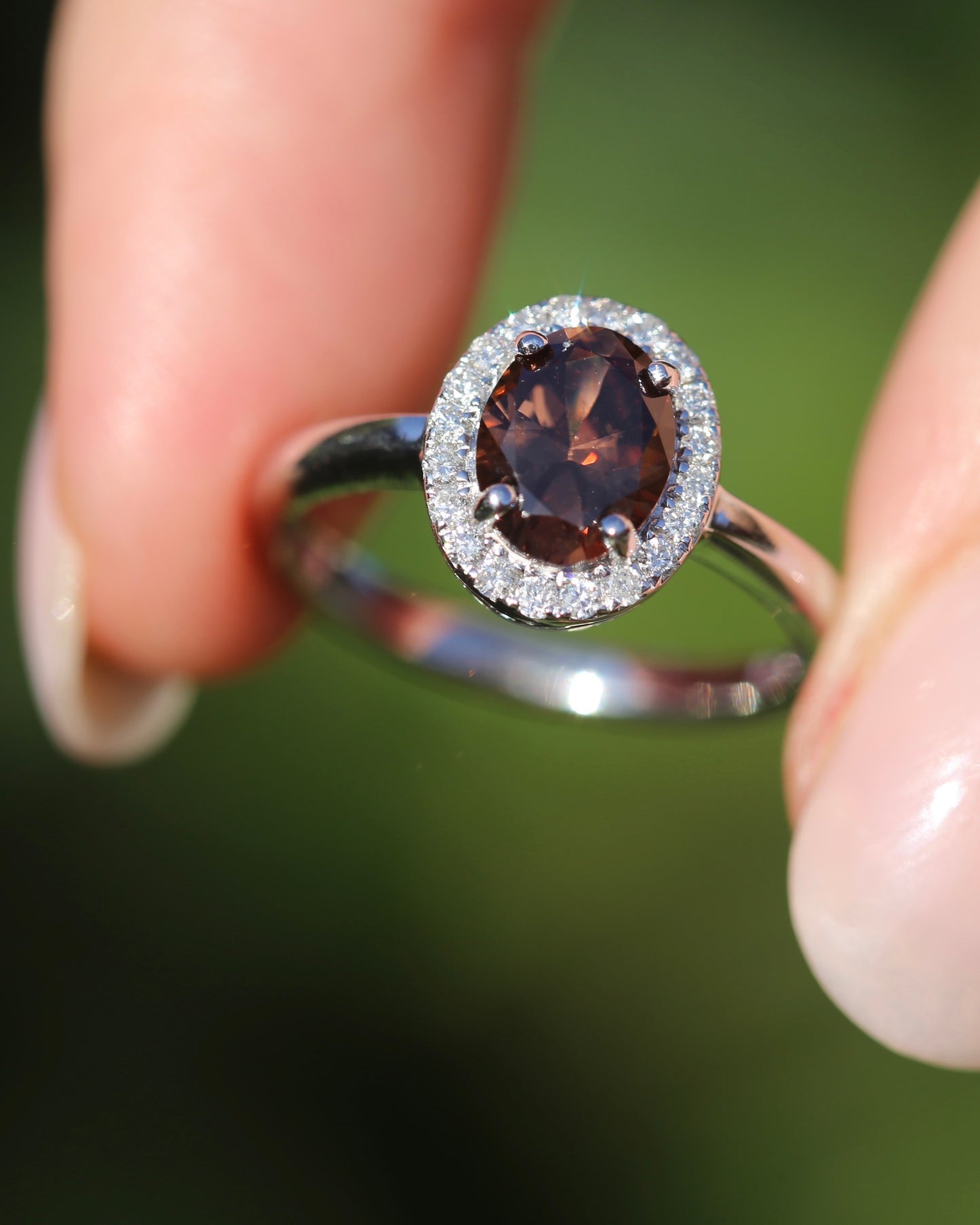 1.82ct Chocolate Australian Zircon with Diamond Halo, 14ct White Gold, size N or 6.75, 3.34g