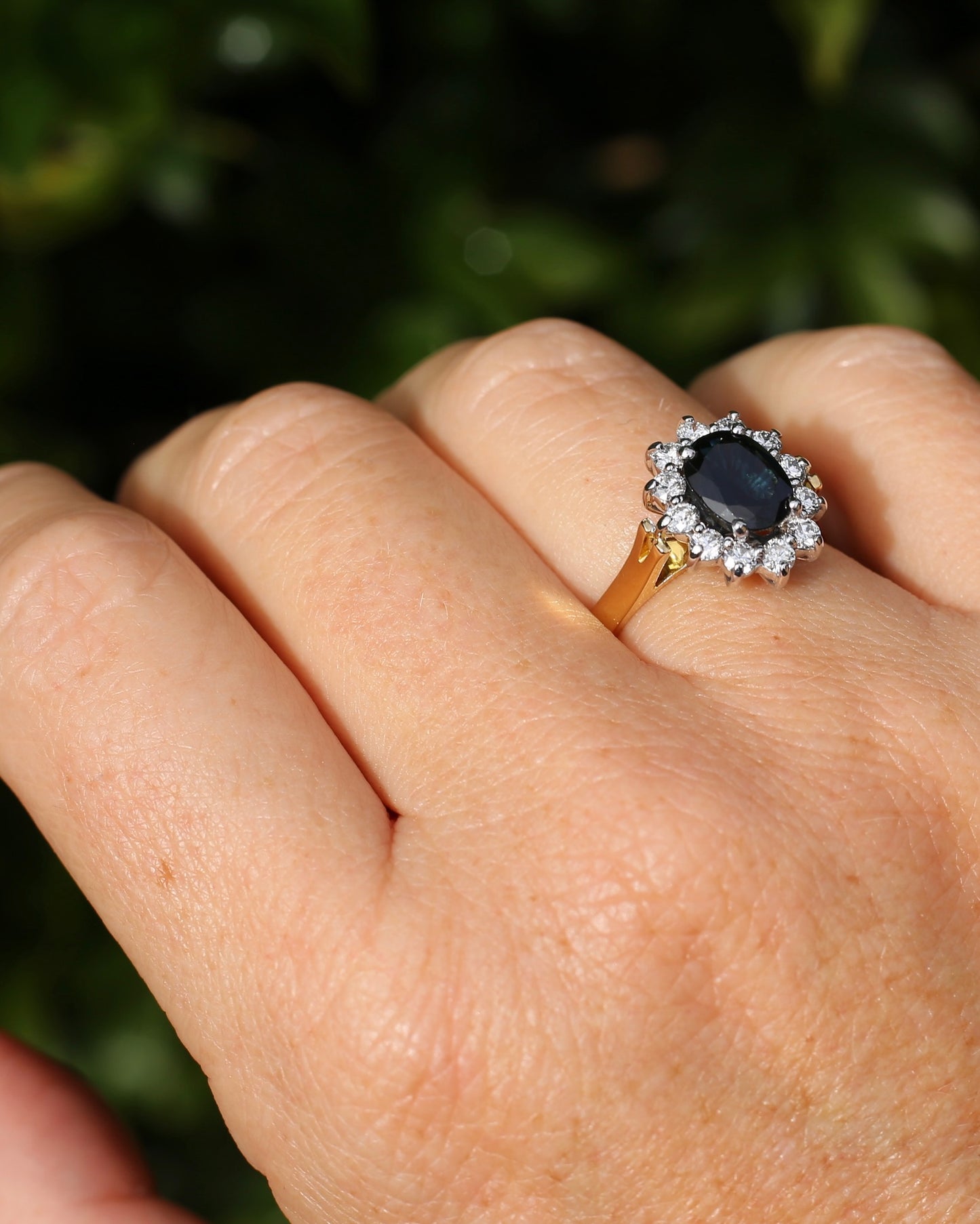 Vintage c1980s Diana Halo, Natural Sapphire and Diamond Halo, 18ct Yellow and White Gold, size P or 7.75 with valuation