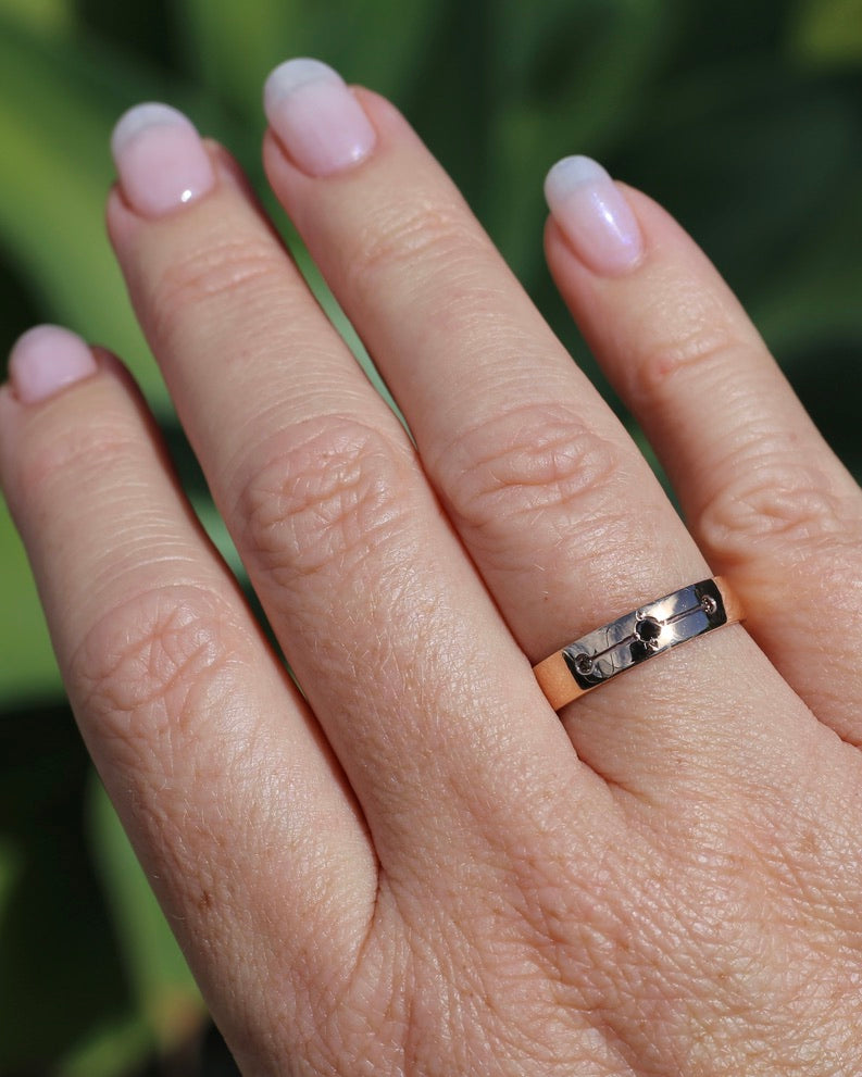 Black and Champagne Set Diamond Band, 9ct Rose Gold, size 8.5 or just over Q1/2 - fits more like a Q or just under 8.25, 3.0g