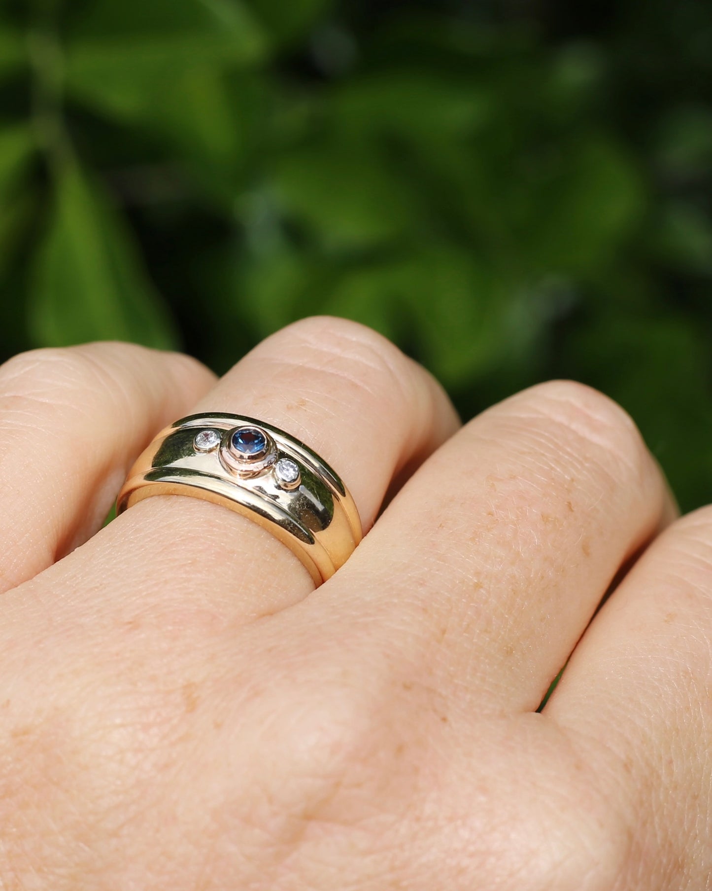 Bezel Set Parti Sapphire and Diamond Trilogy, Chunky Yellow Gold, size O1/2 or 7.5 (will fit smaller due to width)