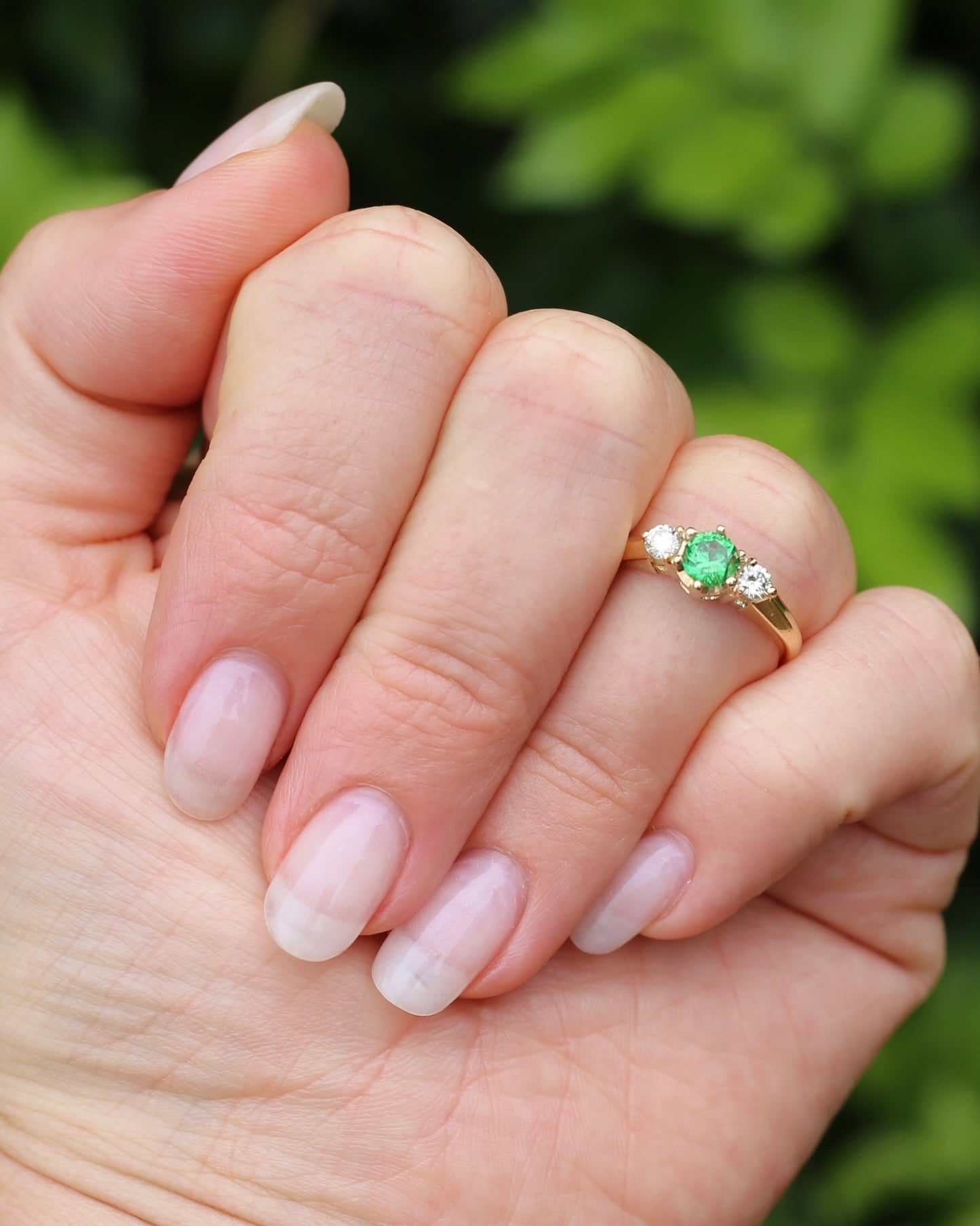 East African Tsavorite Garnet and Diamond Trilogy Ring, 18ct Yellow Gold, size K or 5.5 with valuation