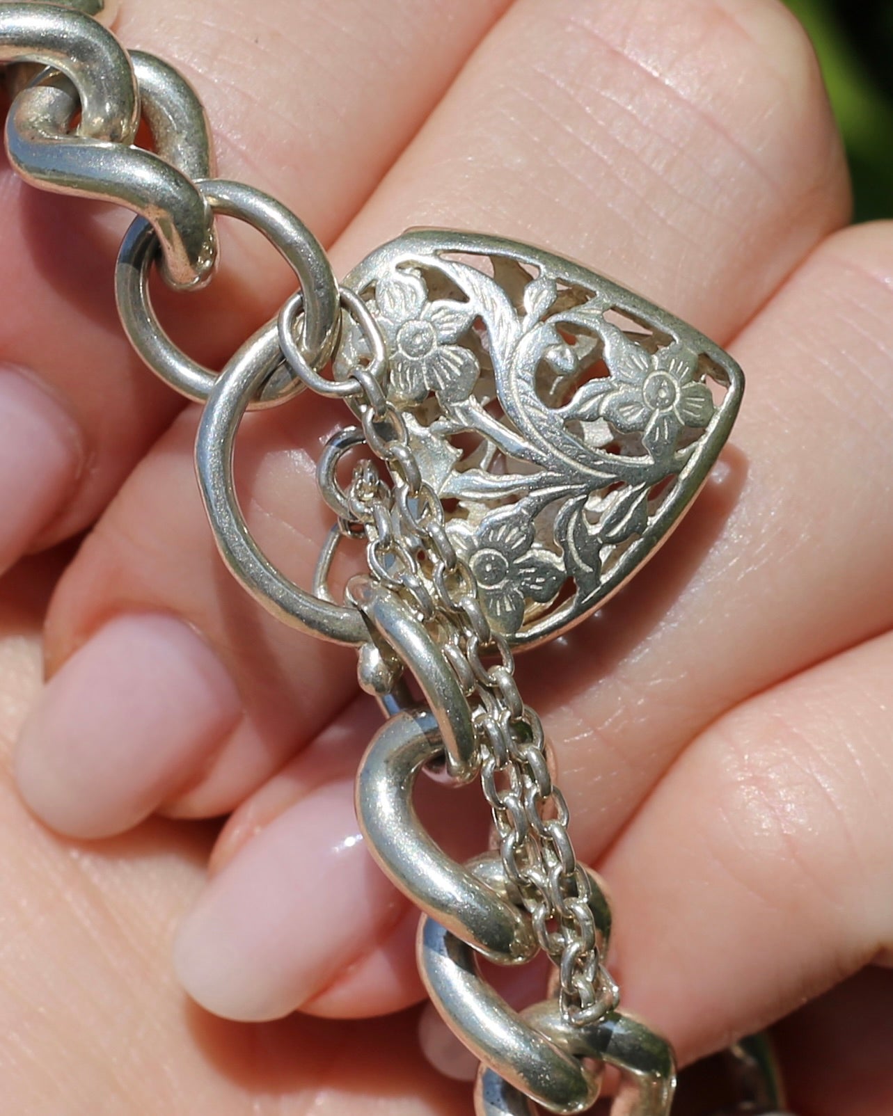 Chunky Curb and Filigree Heart Padlock Bracelet, Sterling Silver, 60.2g
