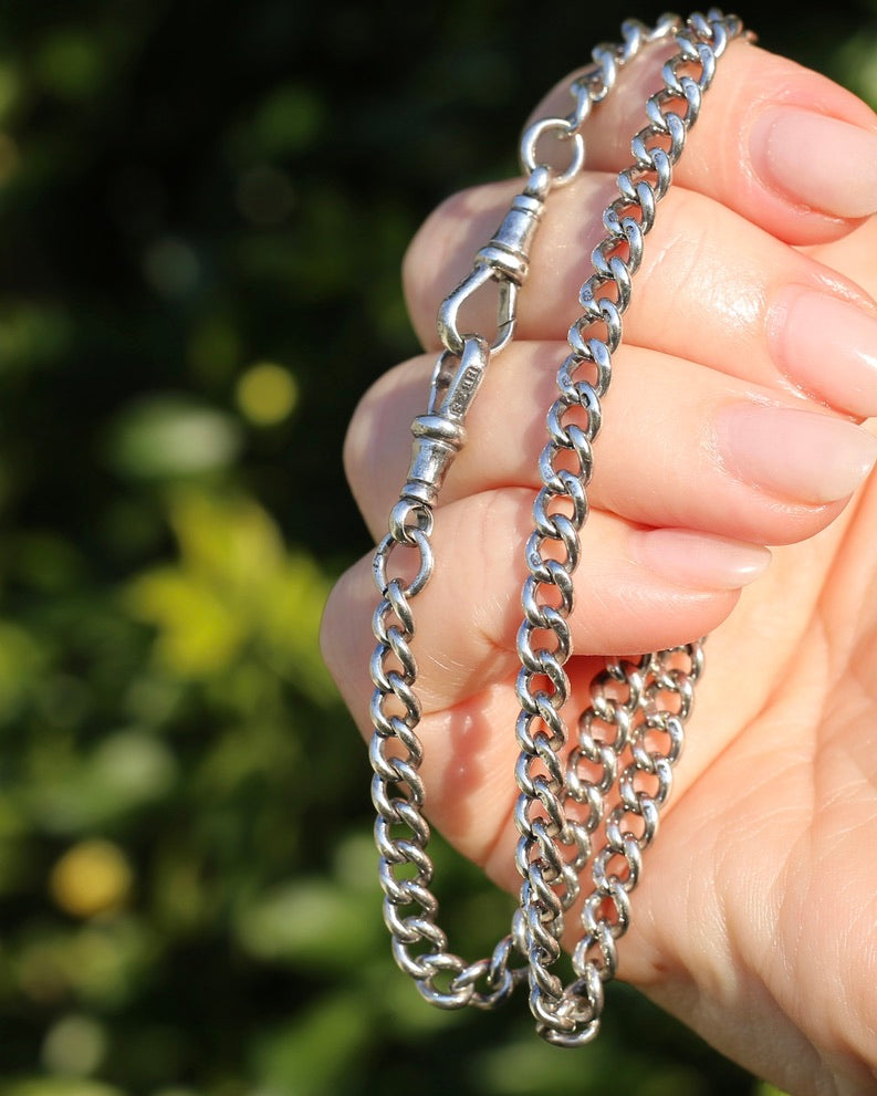 Antique 1913-1914 Birmingham Made Curb Link Watch Chain, Double Albert Clasp, Sterling Silver, 41.5cm