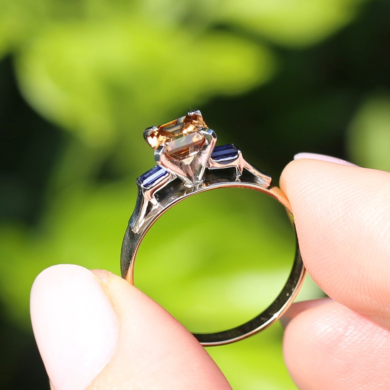 1.74ct Asscher Cut Cognac Zircon with Baguette Synthetic Sapphires in Mixed White and Yellow Gold 9ct Ring, size 8.75 or just over R