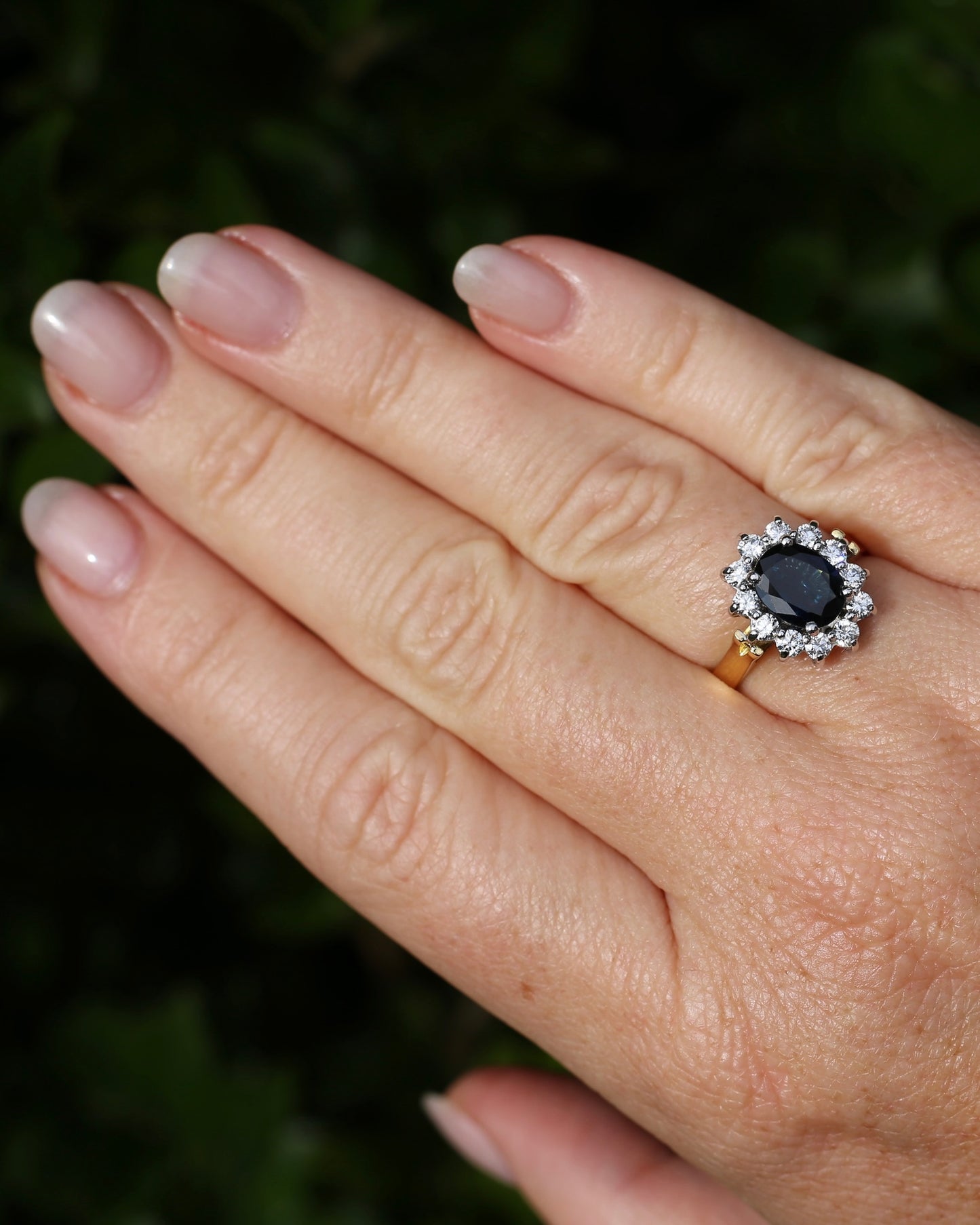 Vintage c1980s Diana Halo, Natural Sapphire and Diamond Halo, 18ct Yellow and White Gold, size P or 7.75 with valuation