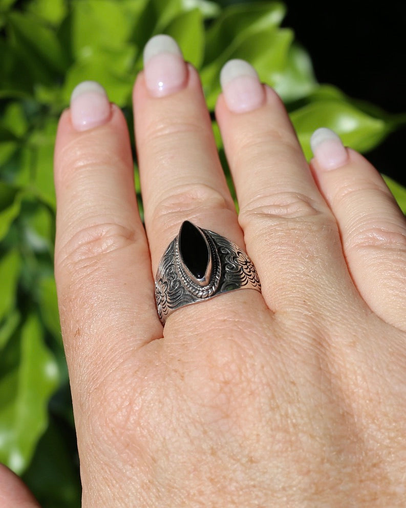Black Onyx Marquise in Wide Floral Engraved Ring, Sterling Silver, size 9 or S - fits more like Q1/2- R