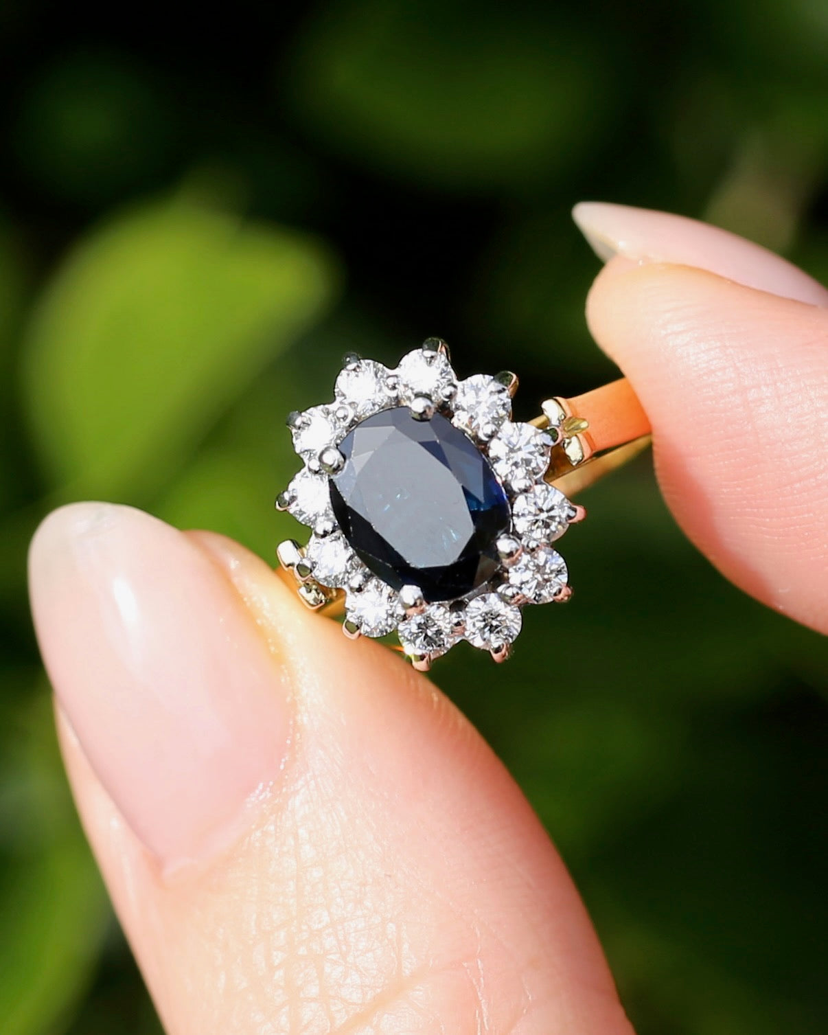 Vintage c1980s Diana Halo, Natural Sapphire and Diamond Halo, 18ct Yellow and White Gold, size P or 7.75 with valuation