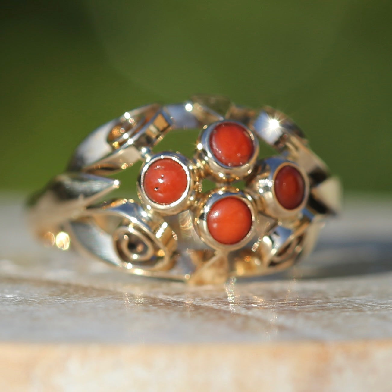 Vintage Dutch Four Stone Coral Cabochon Filigree Ring, 14ct Yellow Gold, size N1/2 or 7