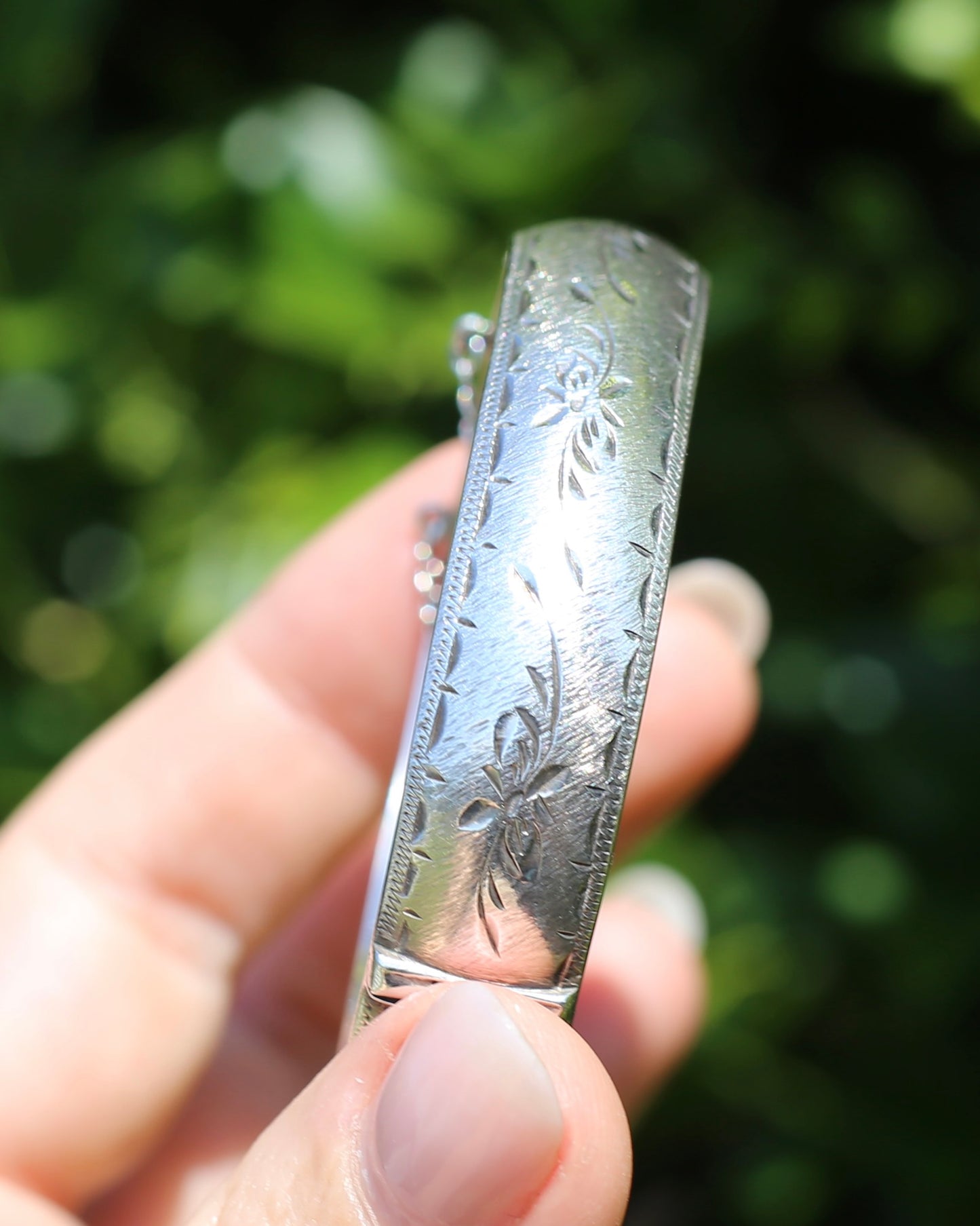 Vintage Hinged Engraved Silver Semi Hollow Bangle, Sterling Silver, 19.2g