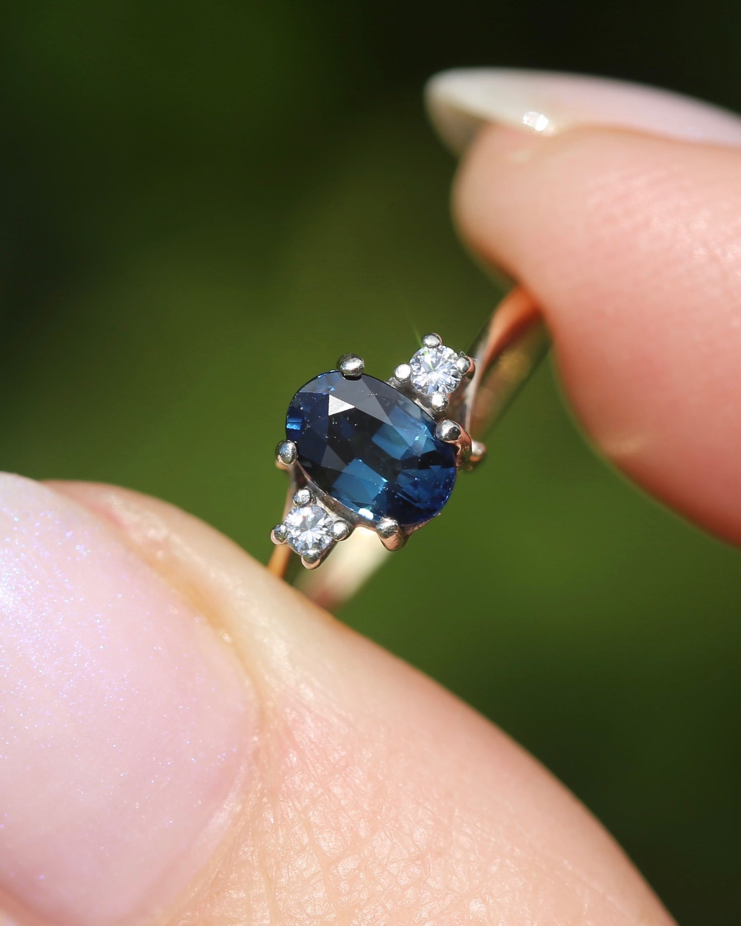Vintage Natural Sapphire and Diamond Trilogy, 9ct Yellow and White Gold, size J or 4.75