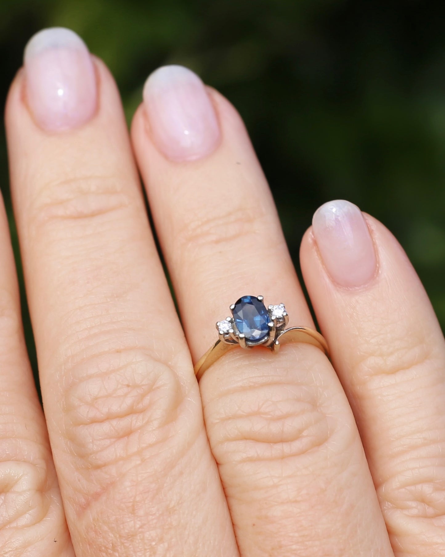 Vintage Natural Sapphire and Diamond Trilogy, 9ct Yellow and White Gold, size J or 4.75