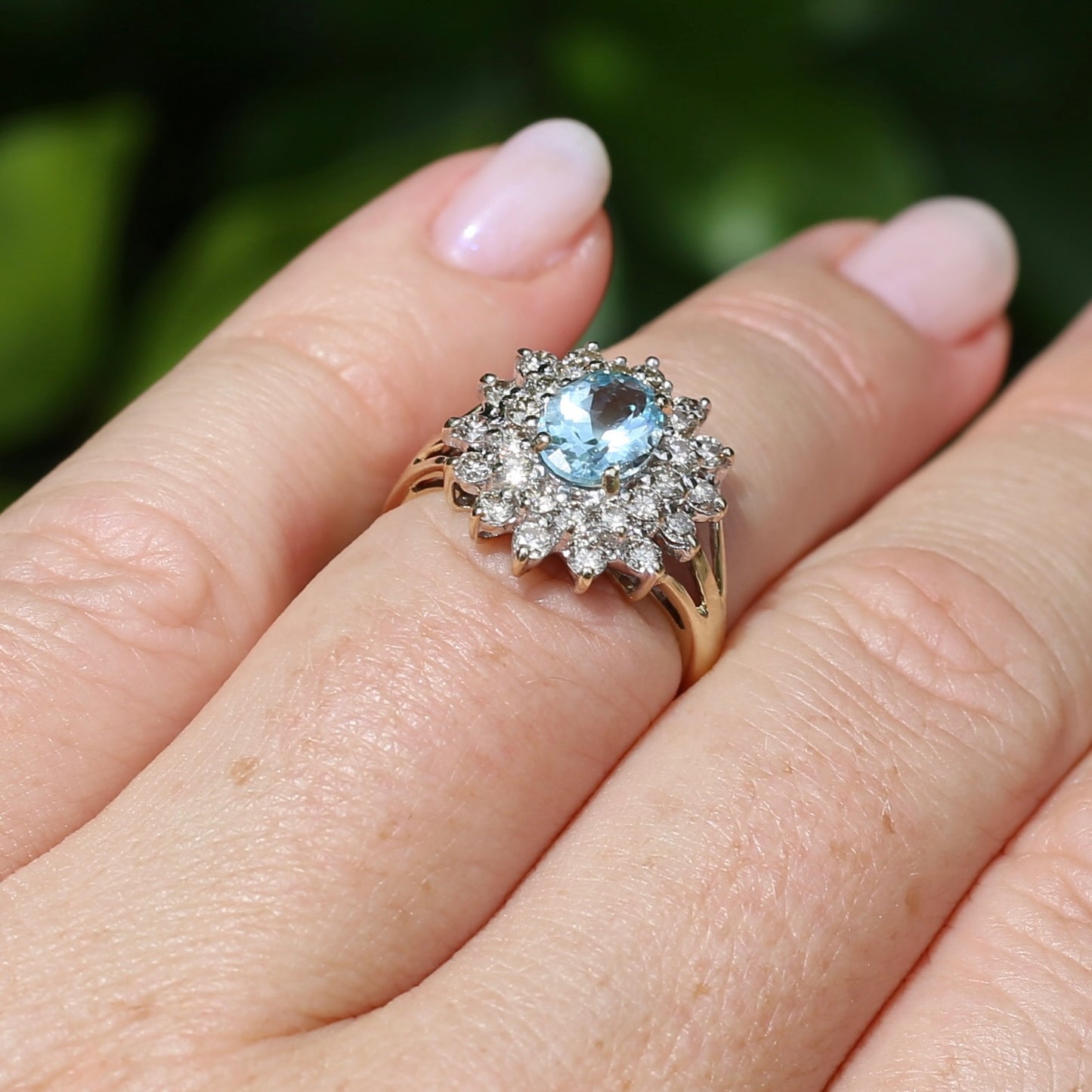 1.1ct Oval Aquamarine and Double Diamond Halo (0.88ct), 9ct White and Yellow Gold, size 6.25 or M
