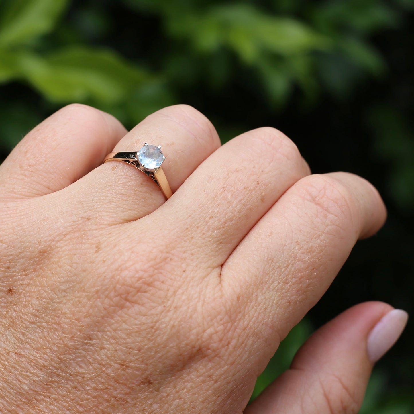 Round Natural Aquamarine Solitaire, 9ct Yellow and White Gold, size O or 7.25