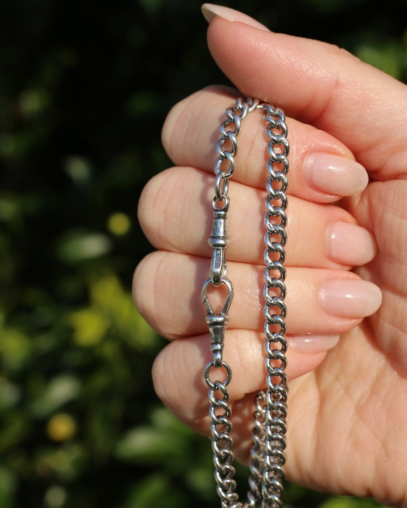 Antique 1913-1914 Birmingham Made Curb Link Watch Chain, Double Albert Clasp, Sterling Silver, 41.5cm