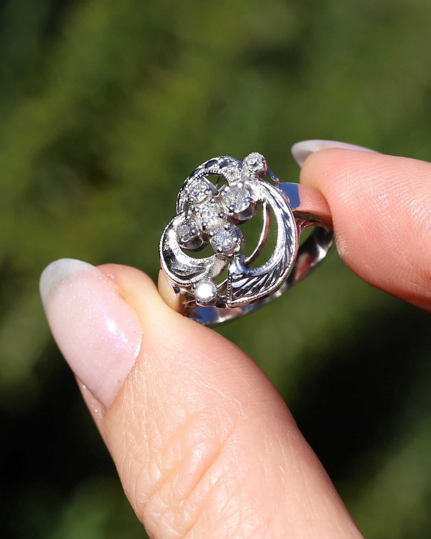 Old Cut and Early Brilliant Cluster Clover Ring, 9ct White Gold, size O or 7