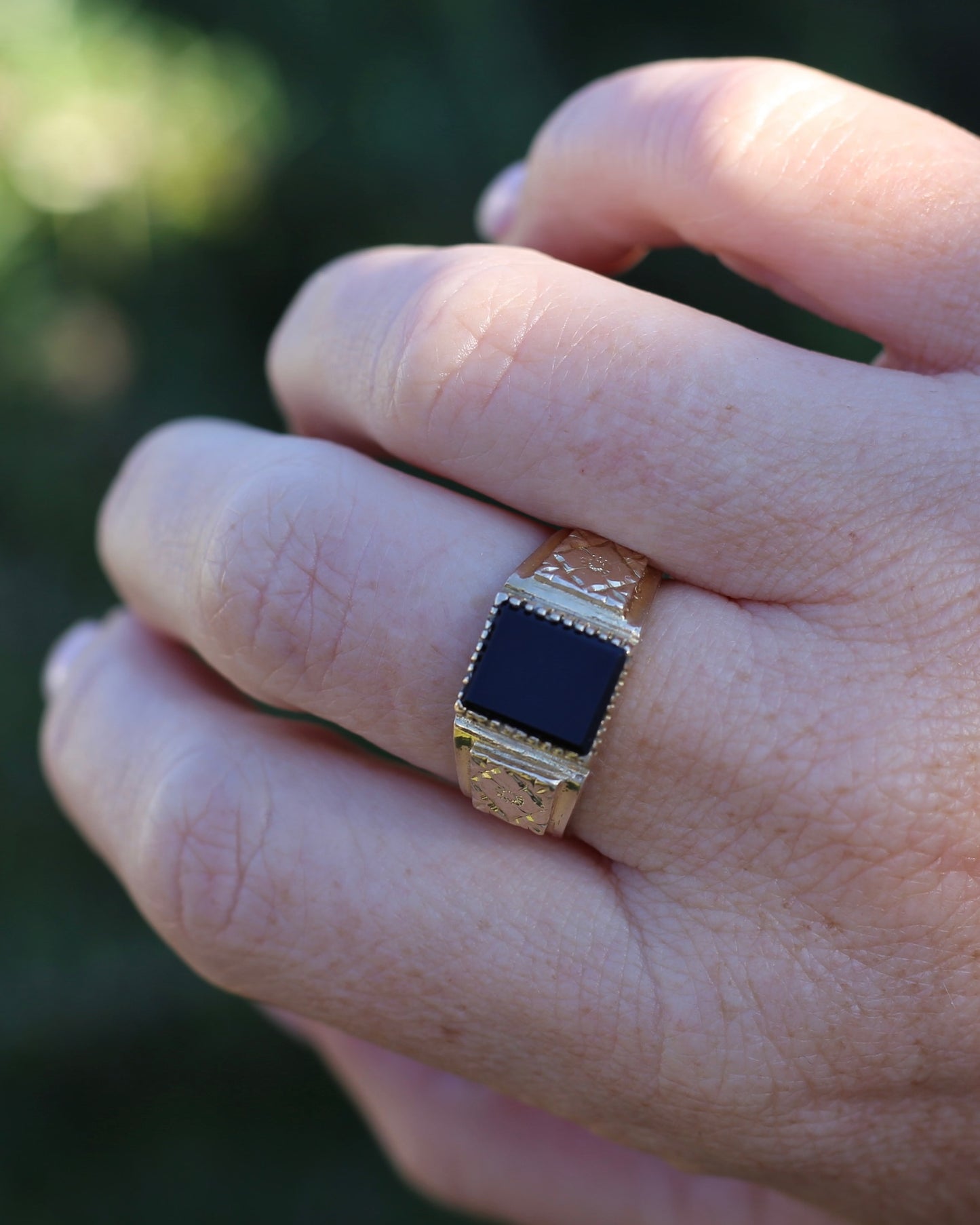 Chunky 1979 Onyx Signet with Floral Shoulders, 9ct Yellow Gold, size 10 or U