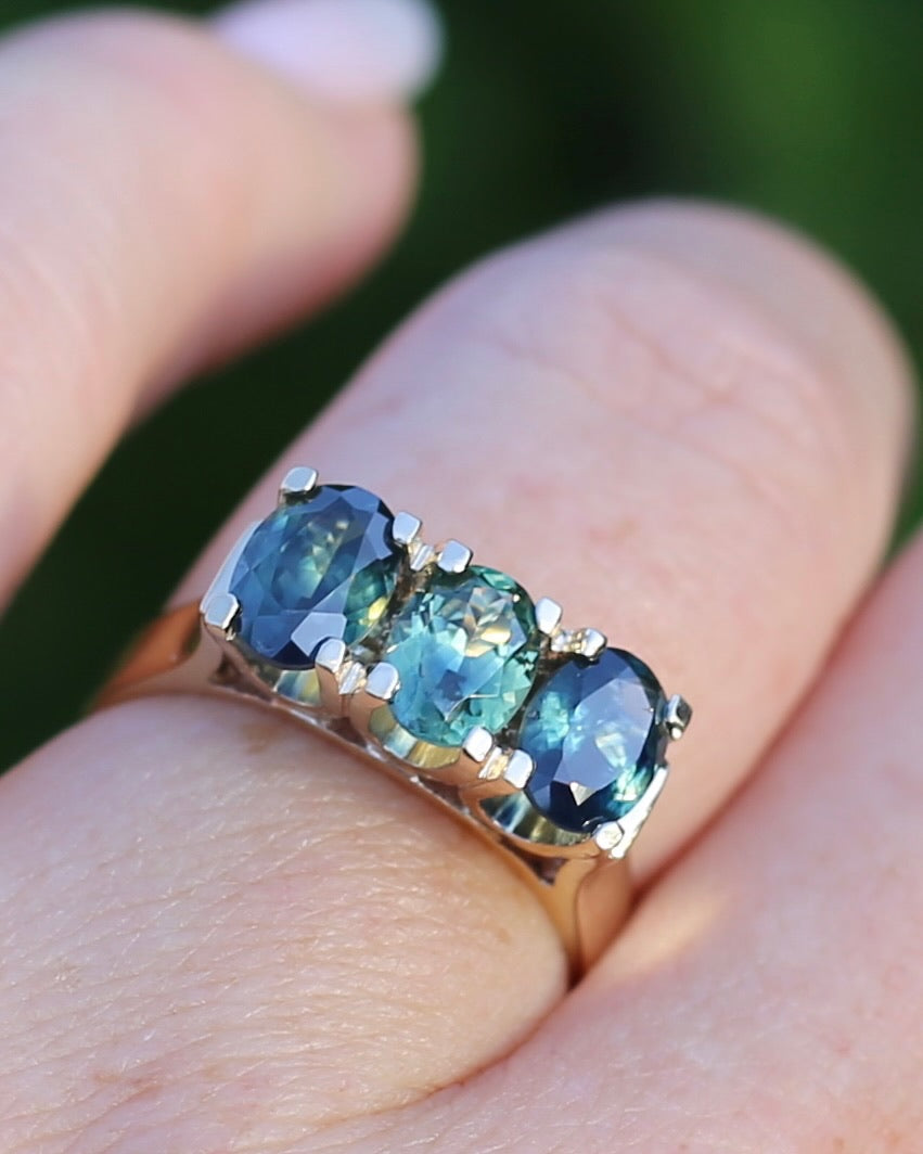 Circa 1980s 2.5ct Parti Trilogy, 9ct Yellow Gold, size P or 7.75, with valuation