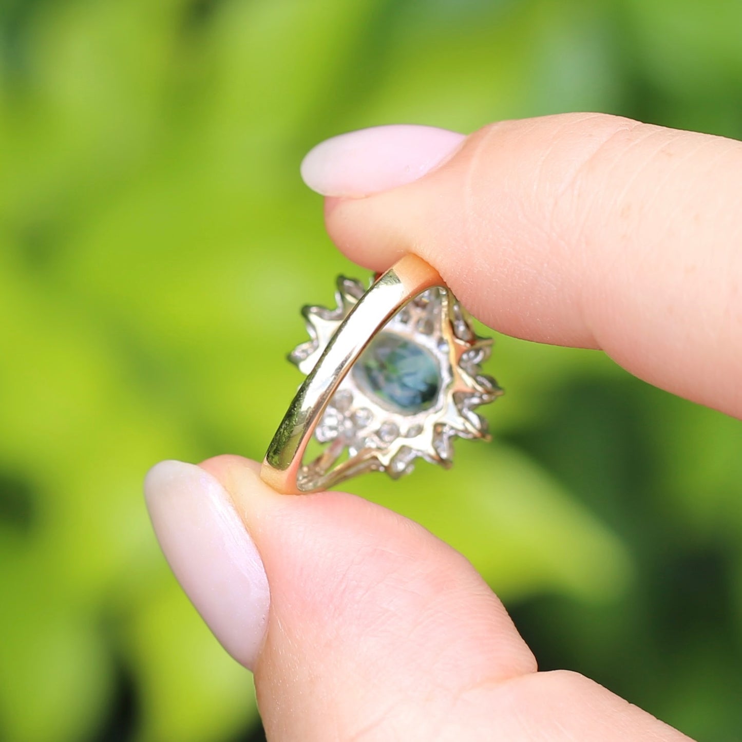 1.1ct Oval Aquamarine and Double Diamond Halo (0.88ct), 9ct White and Yellow Gold, size 6.25 or M
