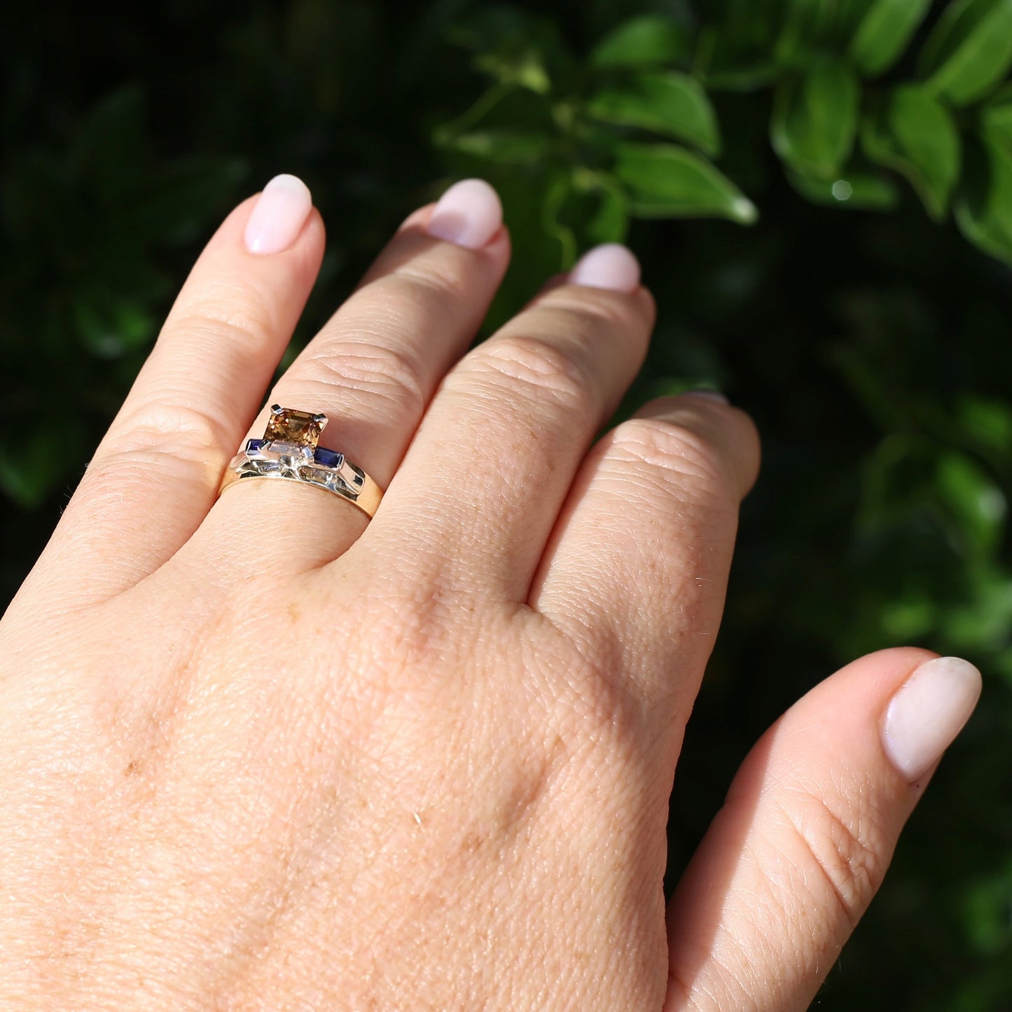 1.74ct Asscher Cut Cognac Zircon with Baguette Synthetic Sapphires in Mixed White and Yellow Gold 9ct Ring, size 8.75 or just over R