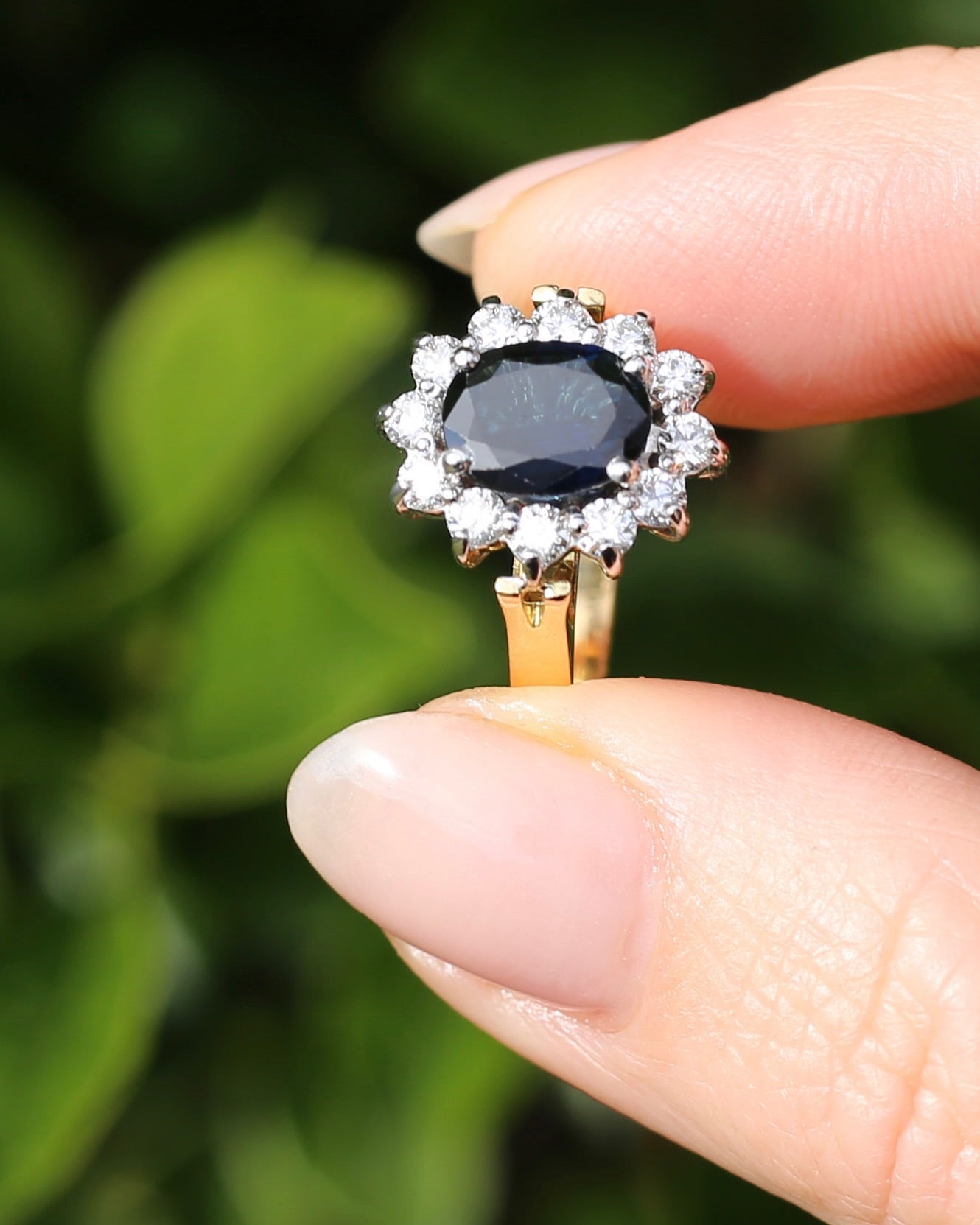 Vintage c1980s Diana Halo, Natural Sapphire and Diamond Halo, 18ct Yellow and White Gold, size P or 7.75 with valuation