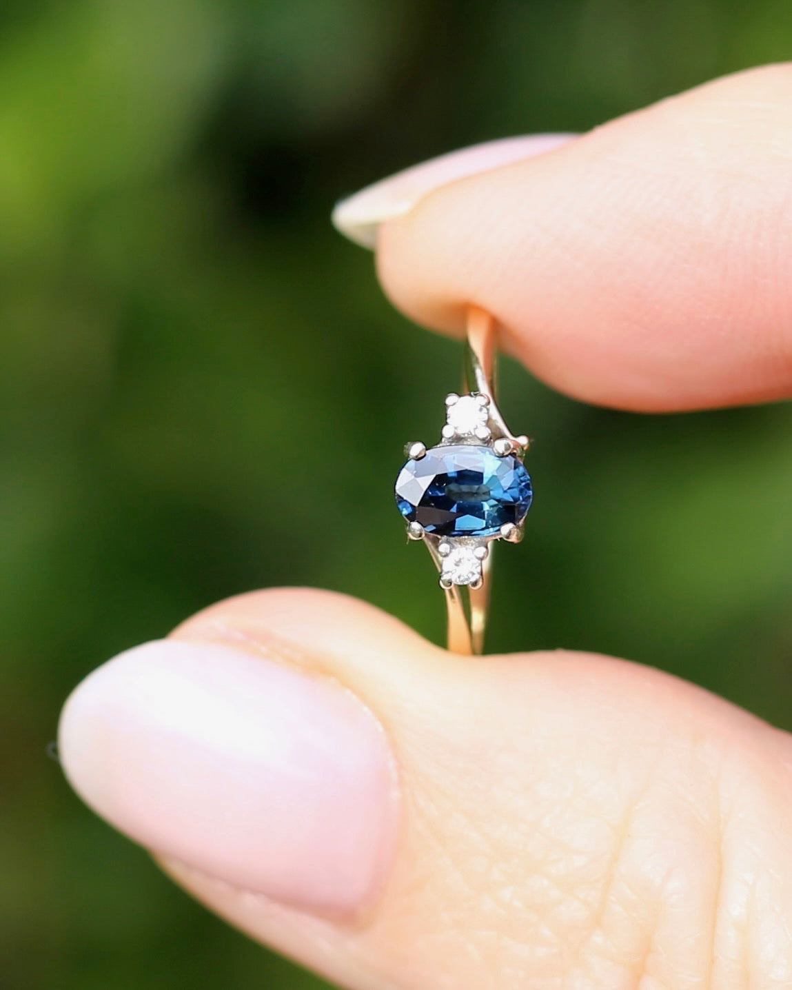 Vintage Natural Sapphire and Diamond Trilogy, 9ct Yellow and White Gold, size J or 4.75