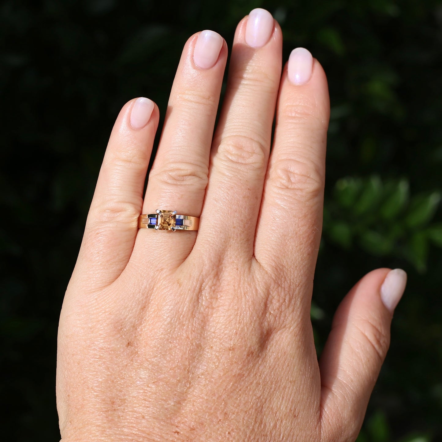 1.74ct Asscher Cut Cognac Zircon with Baguette Synthetic Sapphires in Mixed White and Yellow Gold 9ct Ring, size 8.75 or just over R
