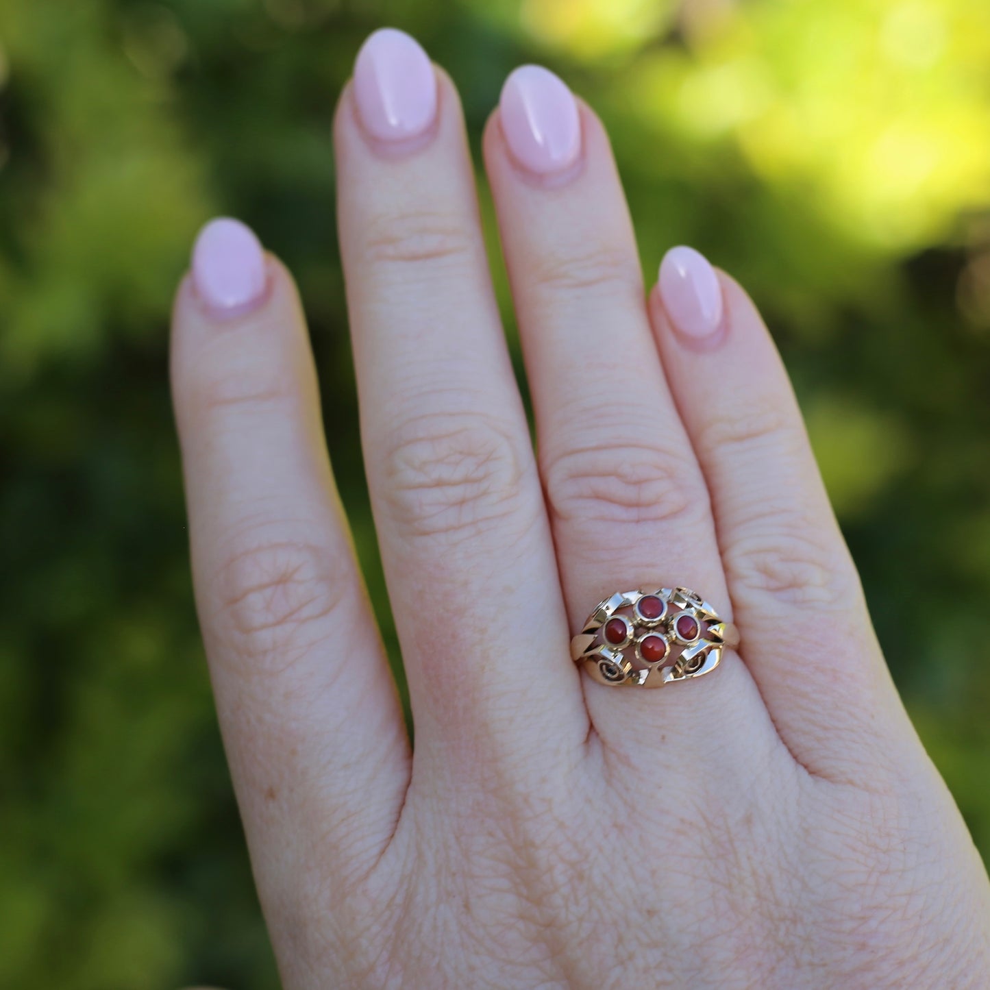 Vintage Dutch Four Stone Coral Cabochon Filigree Ring, 14ct Yellow Gold, size N1/2 or 7