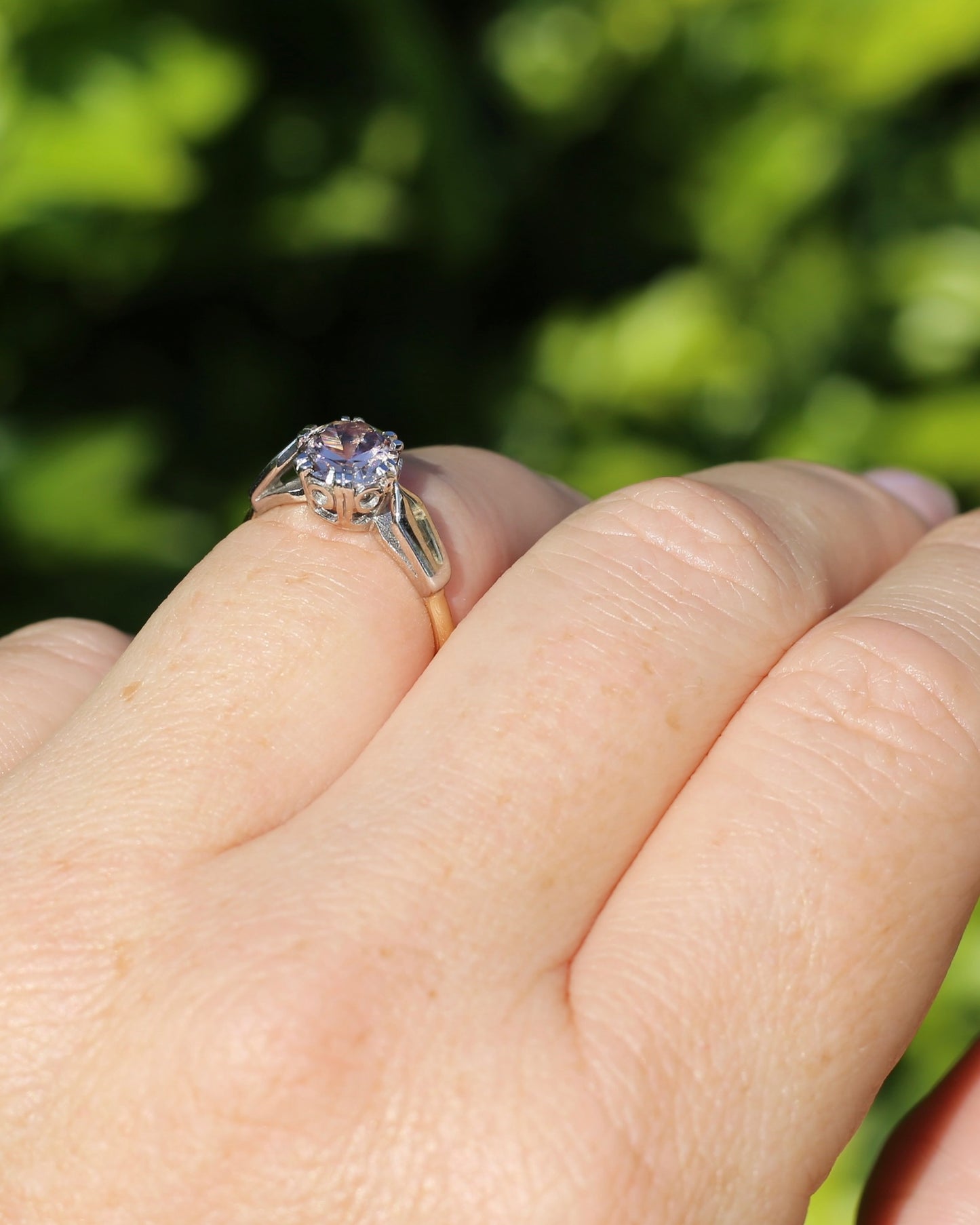 Vintage 1.86ct Pale Pink natural Zircon, 1967 London Made Double Claw Set, 9ct Yellow and White Gold, size M1/2 or 6.5, 2.8g