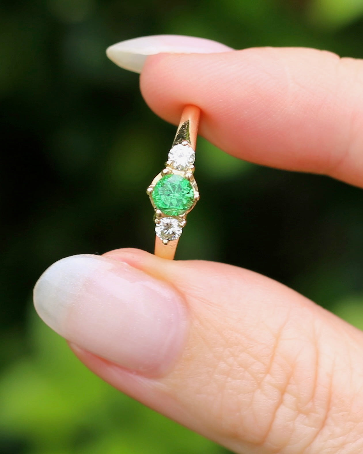 East African Tsavorite Garnet and Diamond Trilogy Ring, 18ct Yellow Gold, size K or 5.5 with valuation