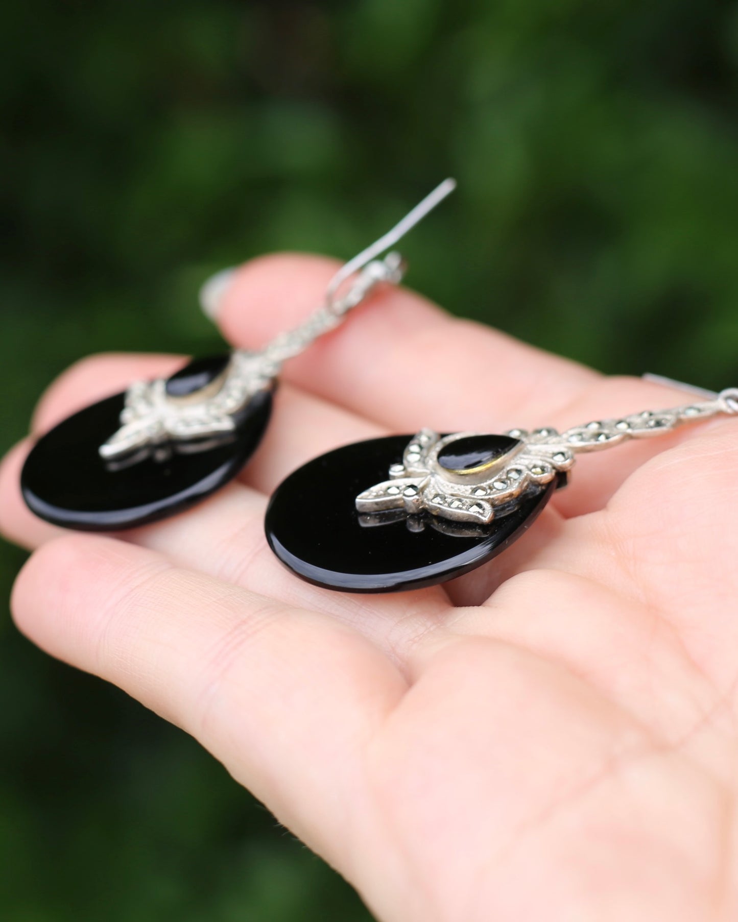 Vintage Onyx and Marcasite Silver Earrings, 13.8g