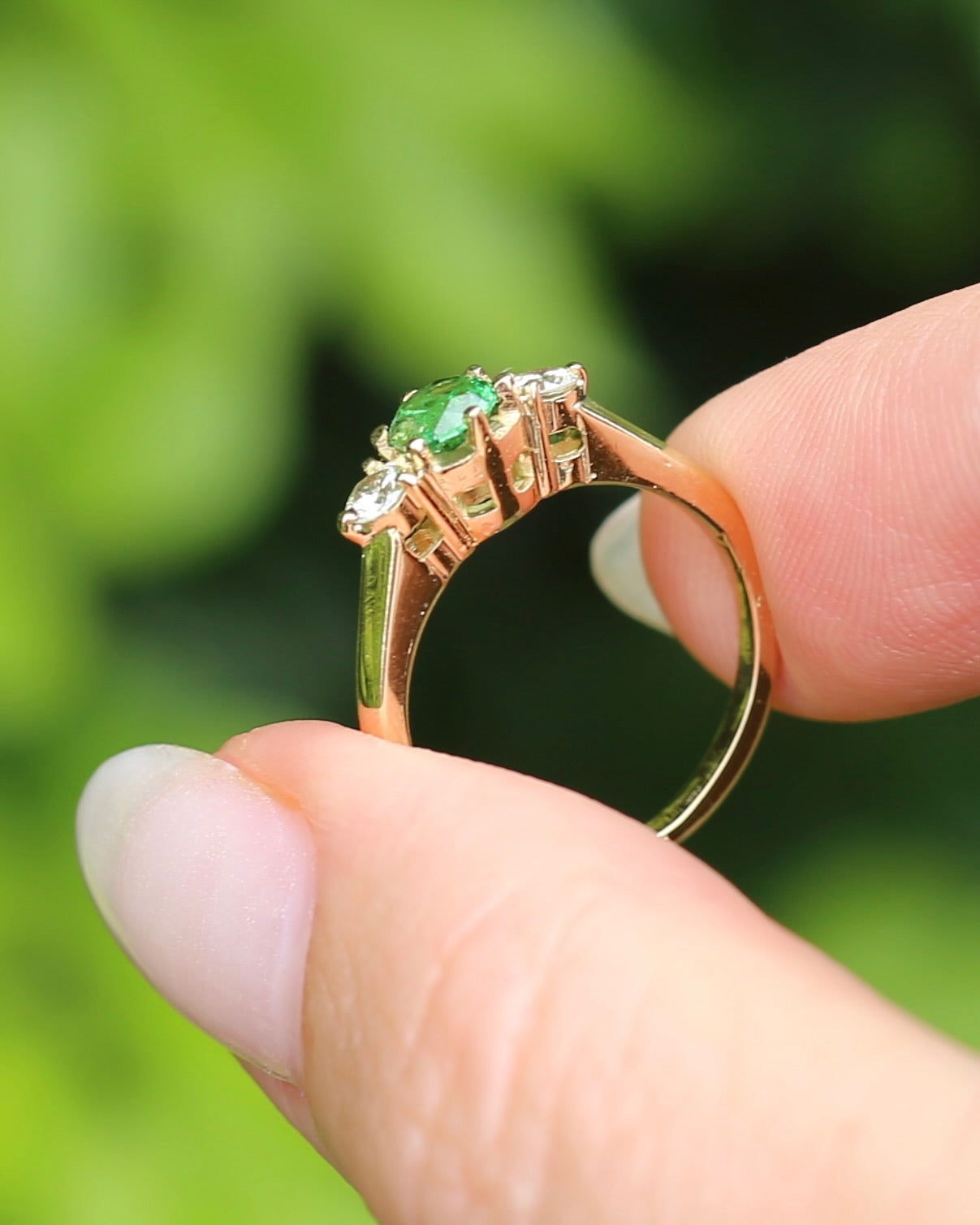 East African Tsavorite Garnet and Diamond Trilogy Ring, 18ct Yellow Gold, size K or 5.5 with valuation