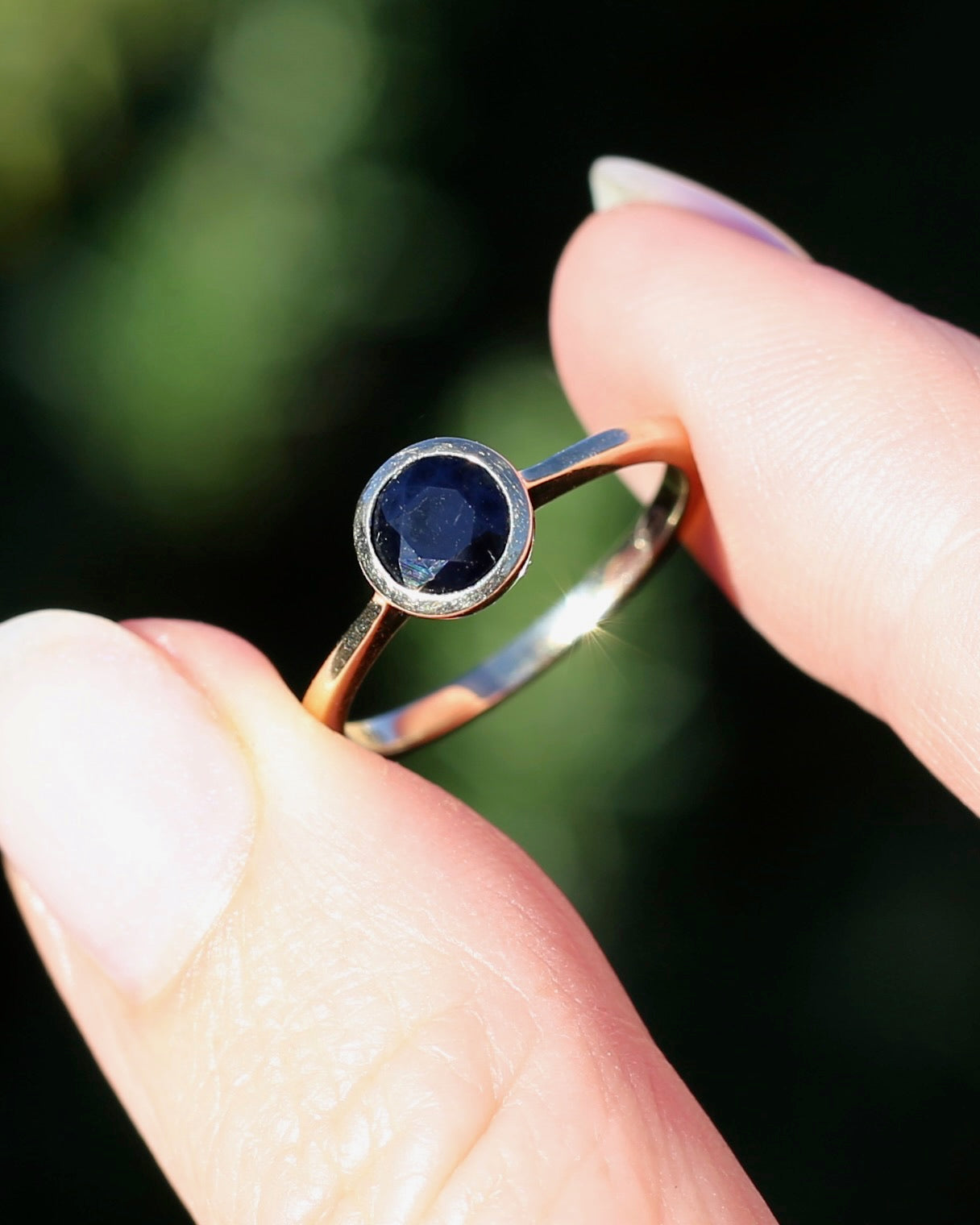 Bezel Set Opaque Navy Sapphire, 9ct Yellow Gold, size O or 7.25