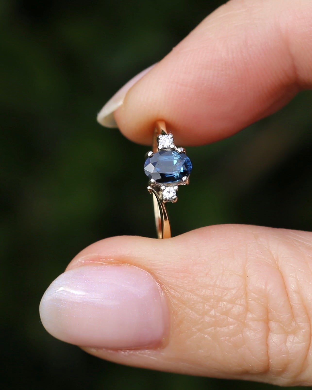 Vintage Natural Sapphire and Diamond Trilogy, 9ct Yellow and White Gold, size J or 4.75