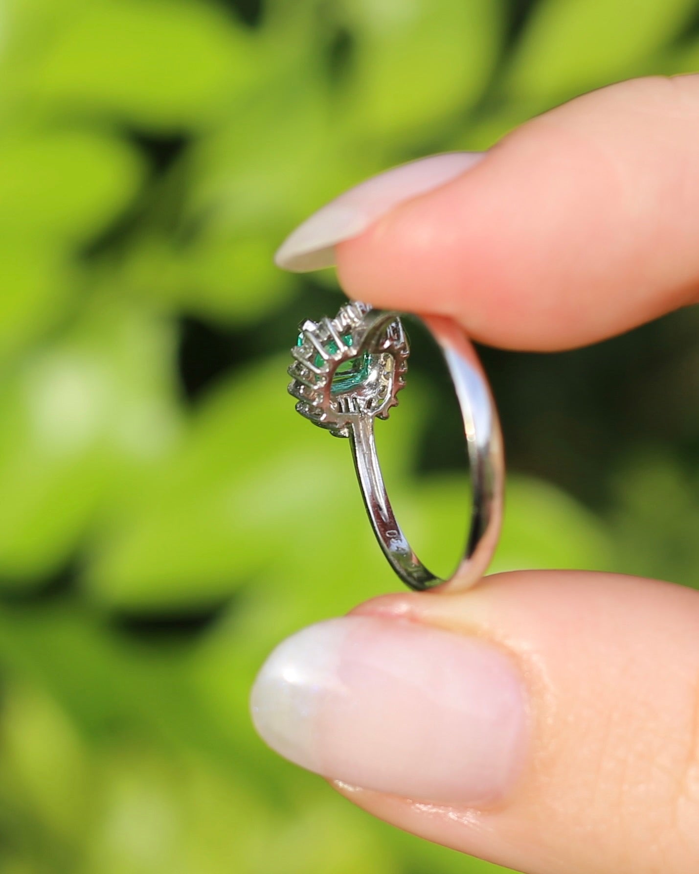 Natural Square Step Cut Emerald and Diamond Baguette Ballerina Skirt, Platinum Ring, size O or 7.25