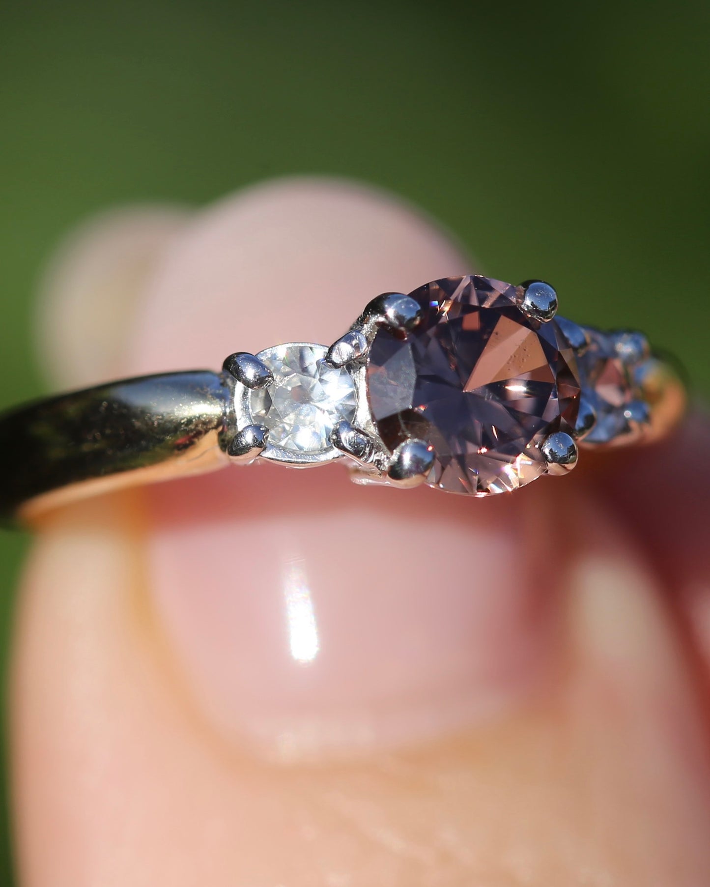 1.31ct Natural Caramel Zircon and Old Cut White Zircon Trilogy Ring, 9ct Gold, size N1/2 or just under 7, 3.72g