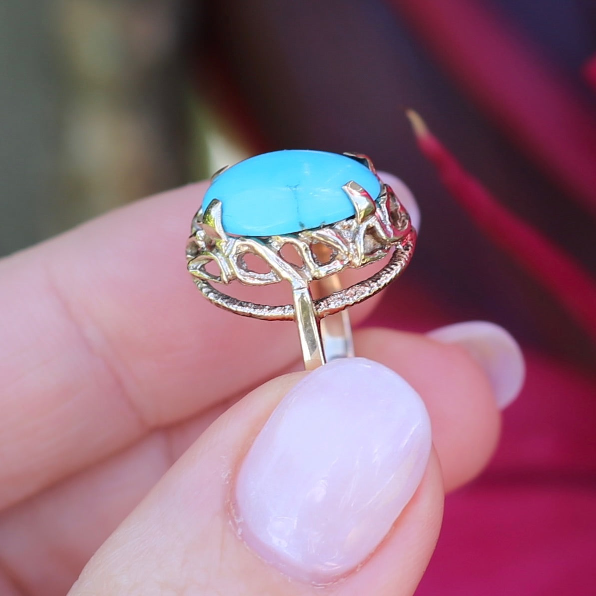 Vintage Hand Carved Filigree and Natural Turquoise Cabochon Ring, 9ct Yellow Gold, size 7.5 or O1/2