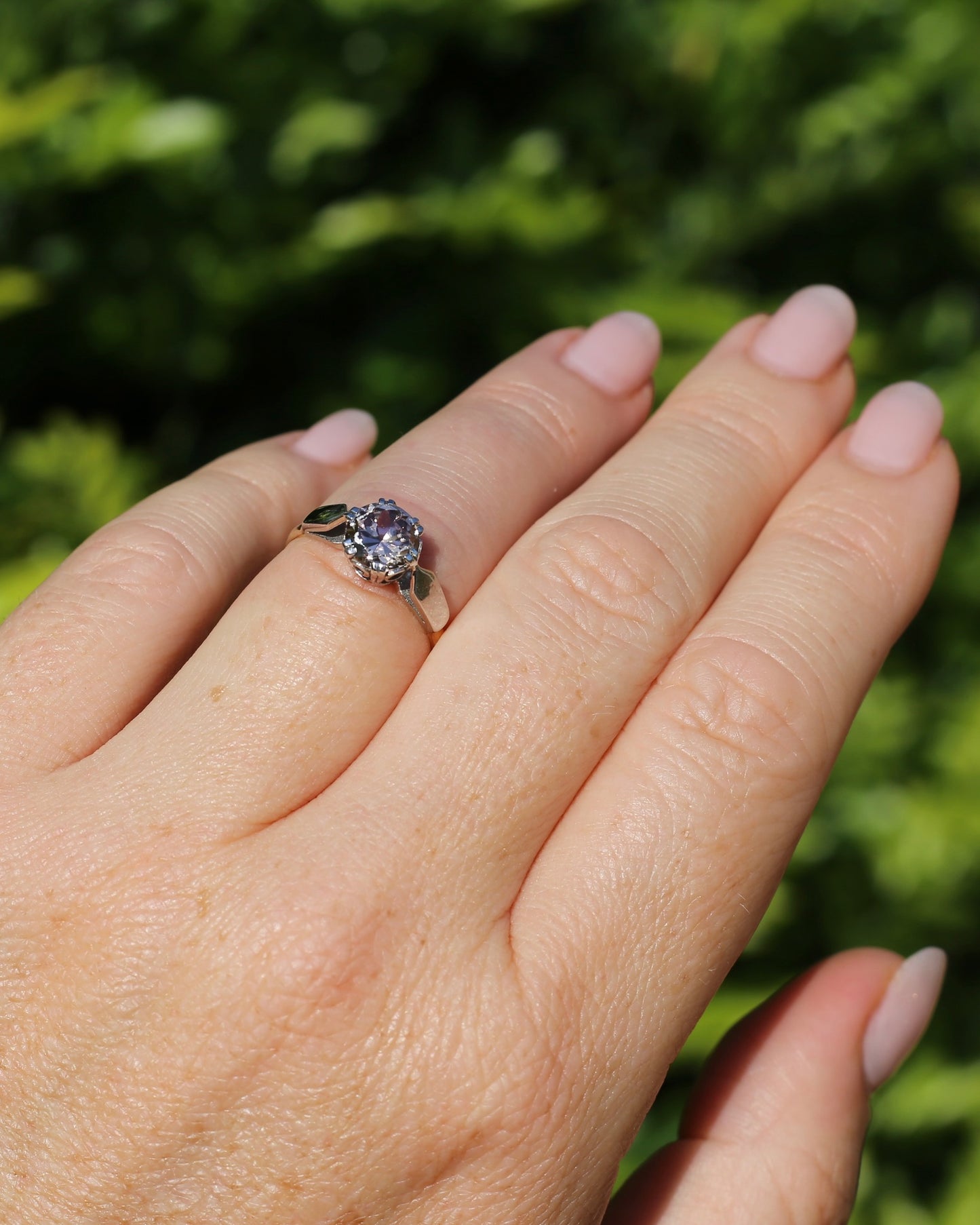 Vintage 1.86ct Pale Pink natural Zircon, 1967 London Made Double Claw Set, 9ct Yellow and White Gold, size M1/2 or 6.5, 2.8g