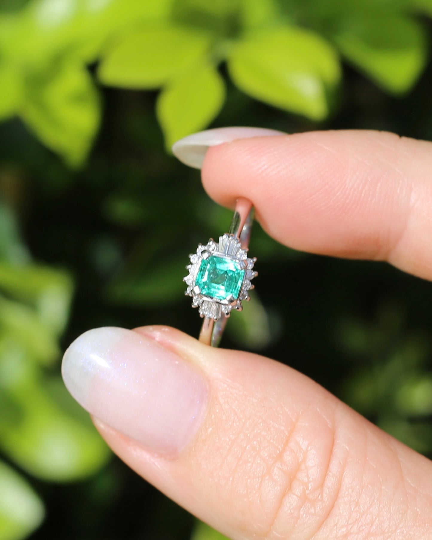 Natural Square Step Cut Emerald and Diamond Baguette Ballerina Skirt, Platinum Ring, size O or 7.25