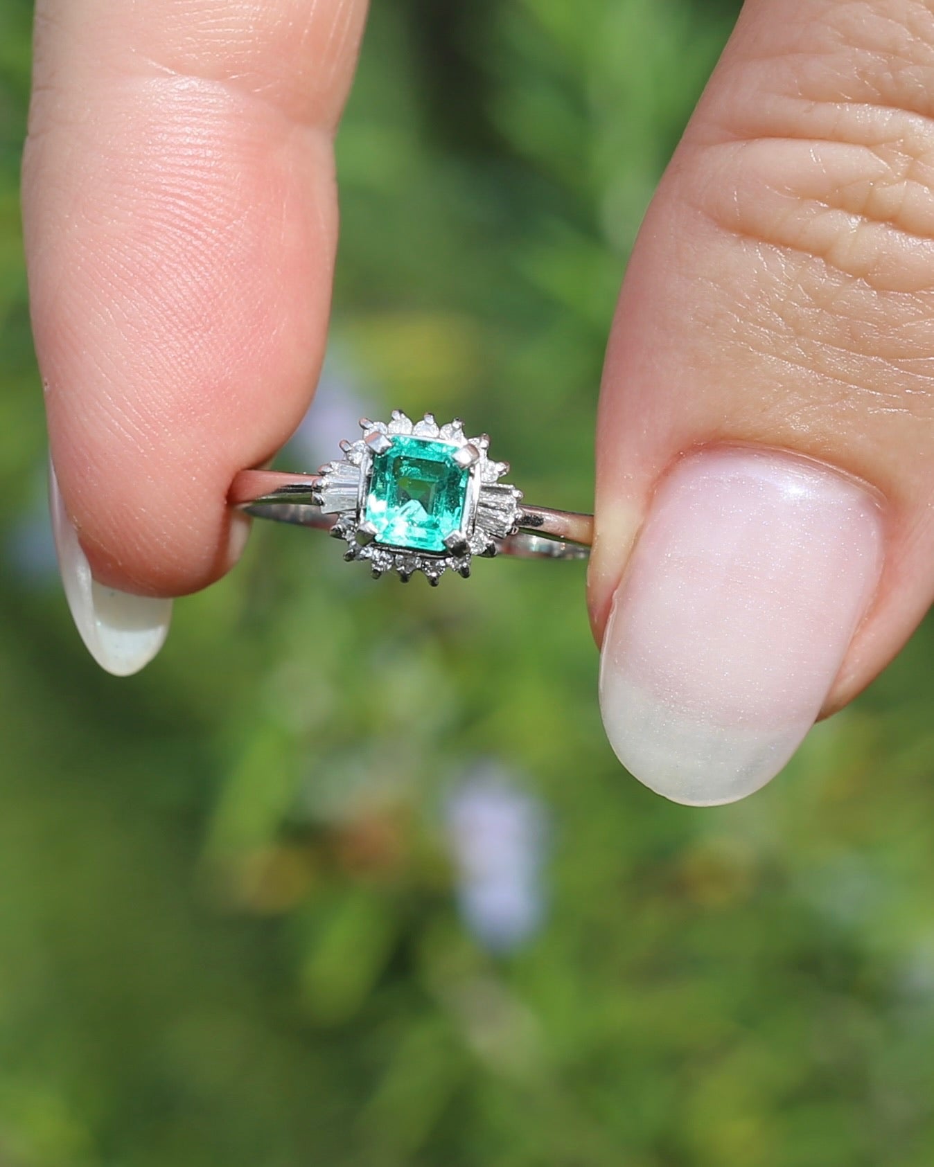 Natural Square Step Cut Emerald and Diamond Baguette Ballerina Skirt, Platinum Ring, size O or 7.25
