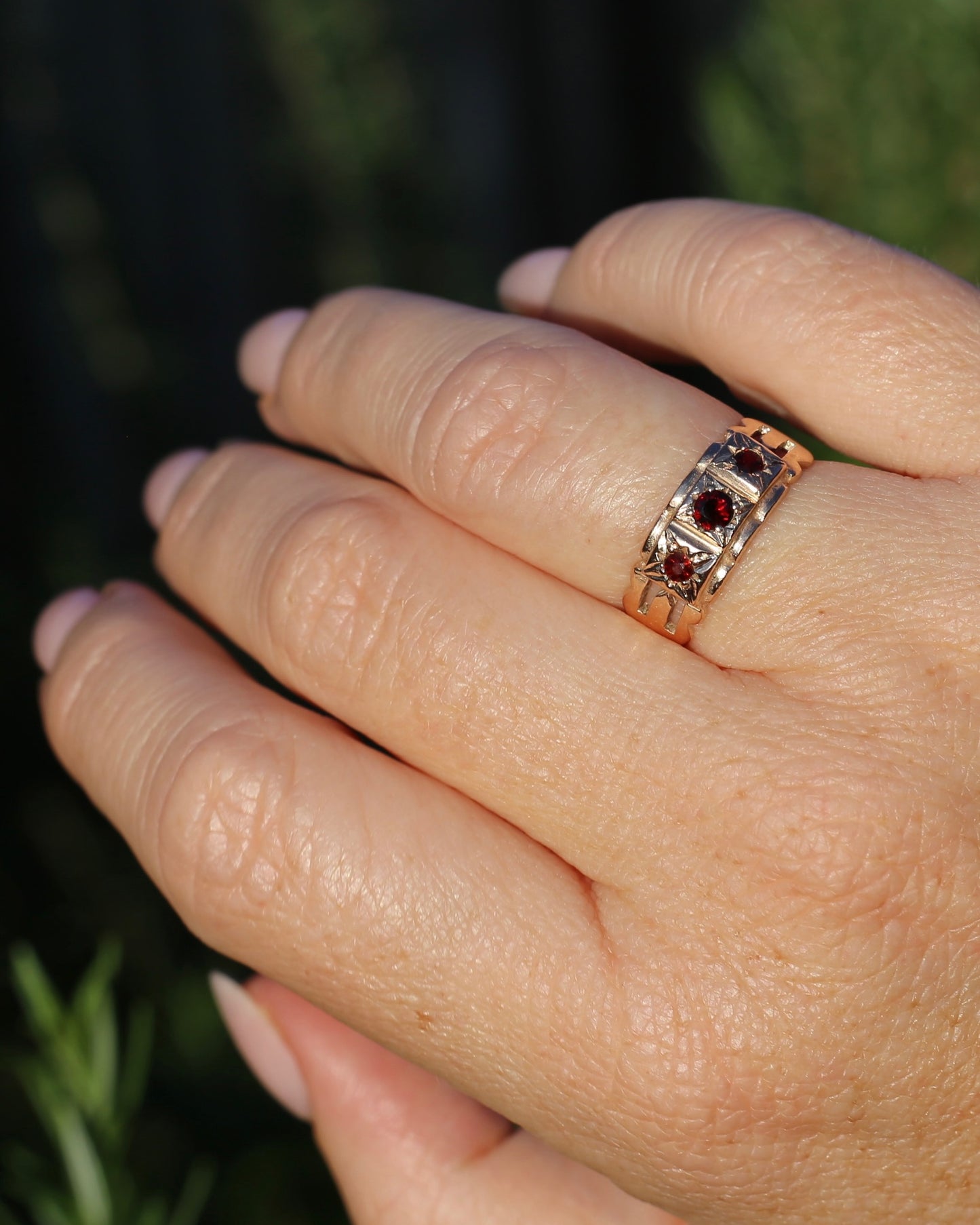 Vintage Victorian Revival Garnet Trilogy Star Set Ring, 9ct Rosey Gold, size P or 7.75, 3.16g