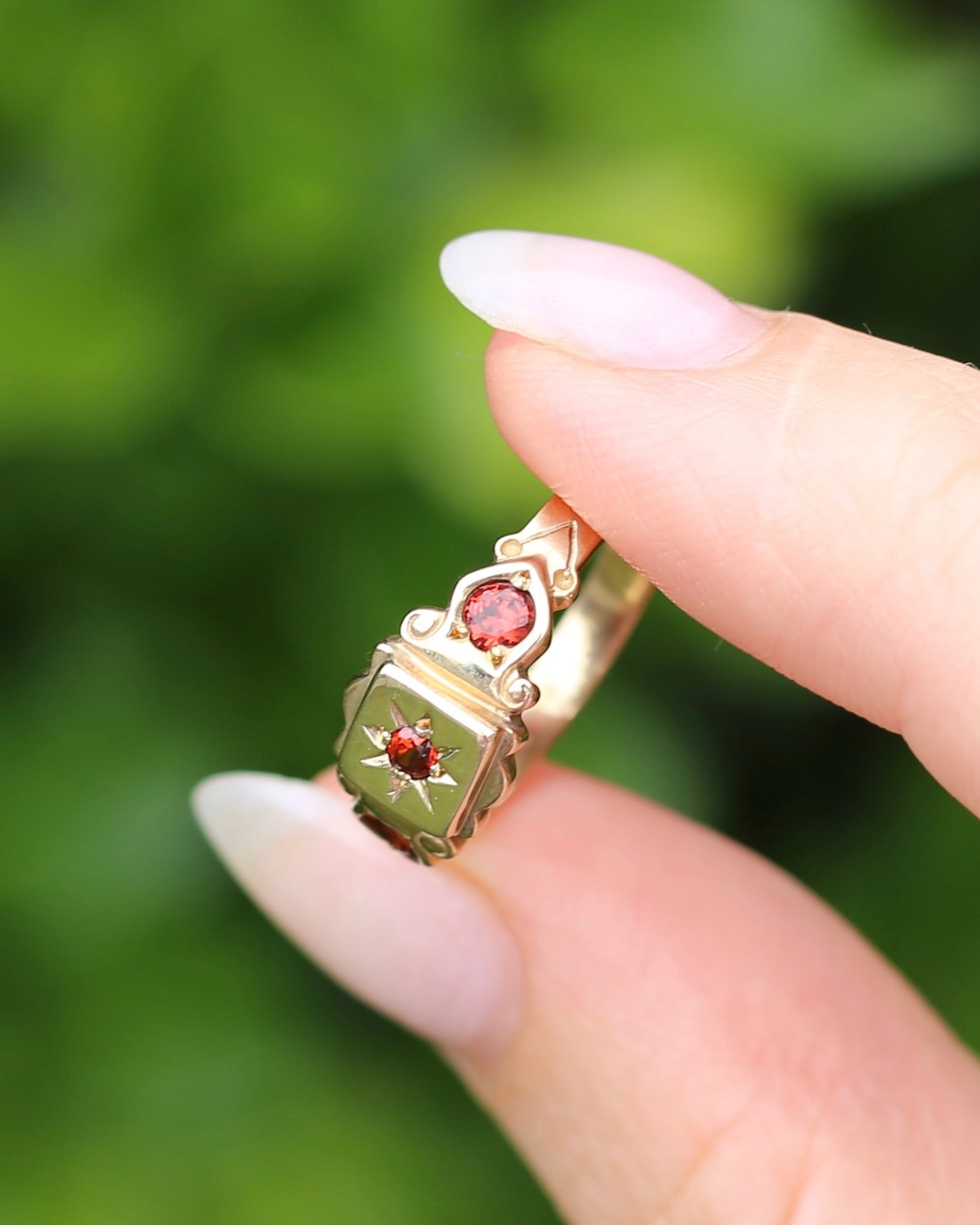 Victorian Revival Garnet Trilogy Star Set Ring, 9ct Yellow Gold, size O1/2 or just over 7.25