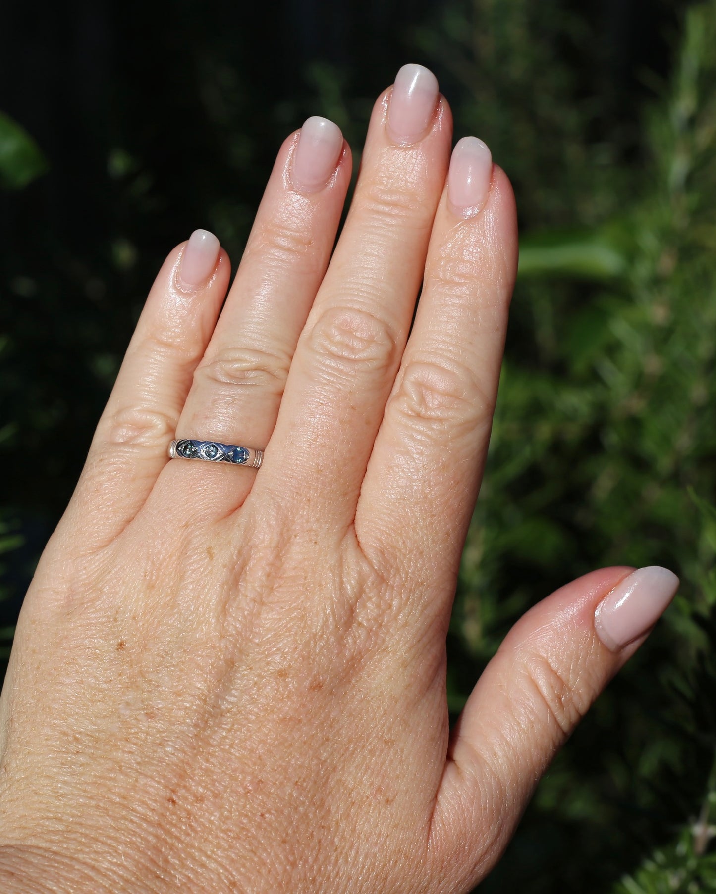 ON HOLD Australian Parti Sapphire Trilogy, 9ct White Gold Band, size N1/2 or just under 7, 2.67g