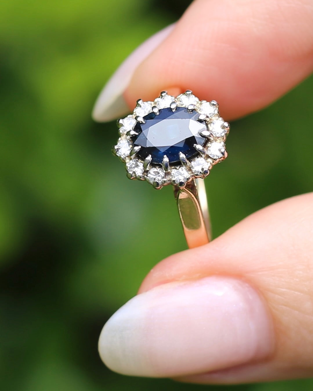 Vintage Natural Sapphire and Diamond Halo, 9ct Yellow and White Gold, size N1/2 or 7