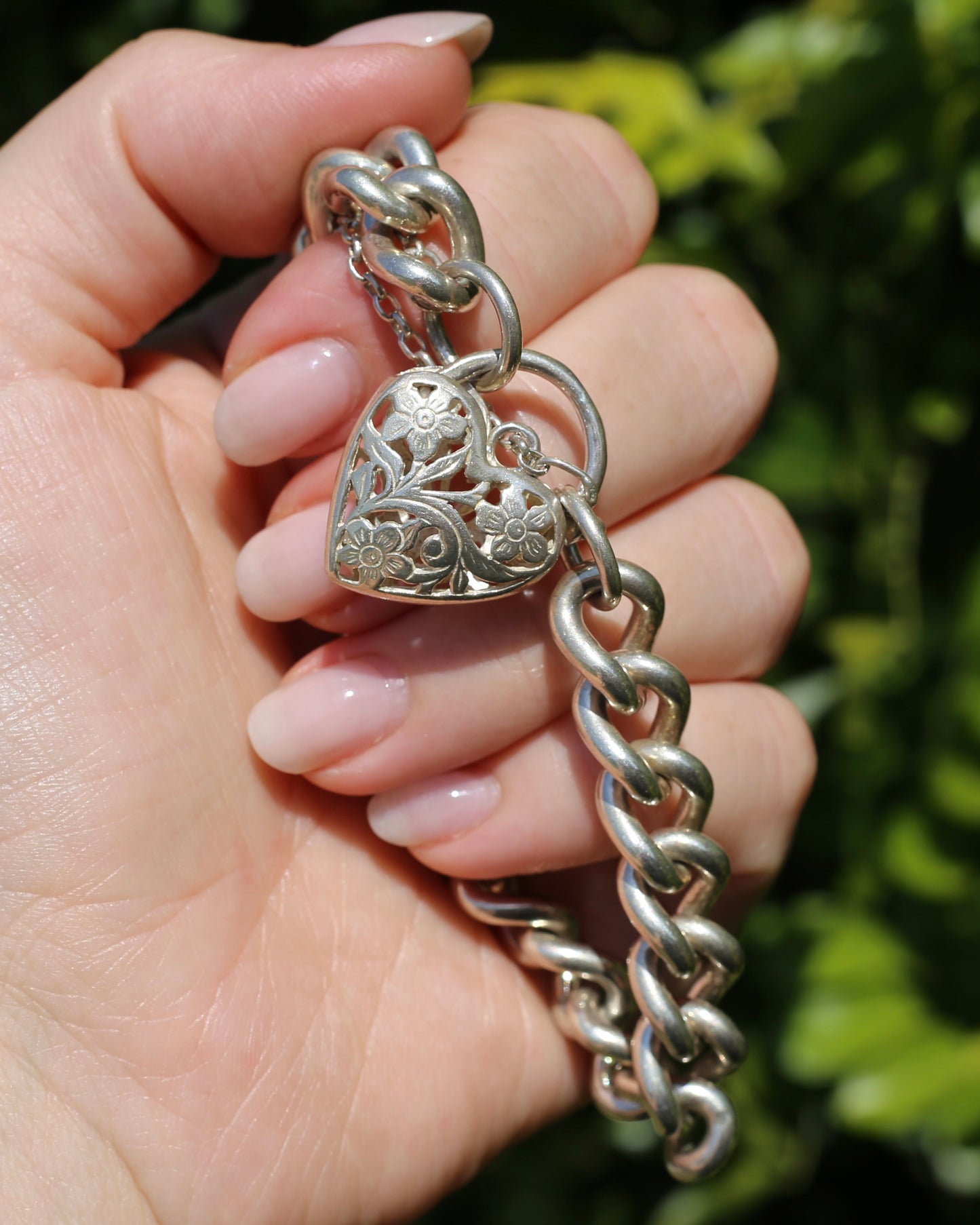 Chunky Curb and Filigree Heart Padlock Bracelet, Sterling Silver, 60.2g
