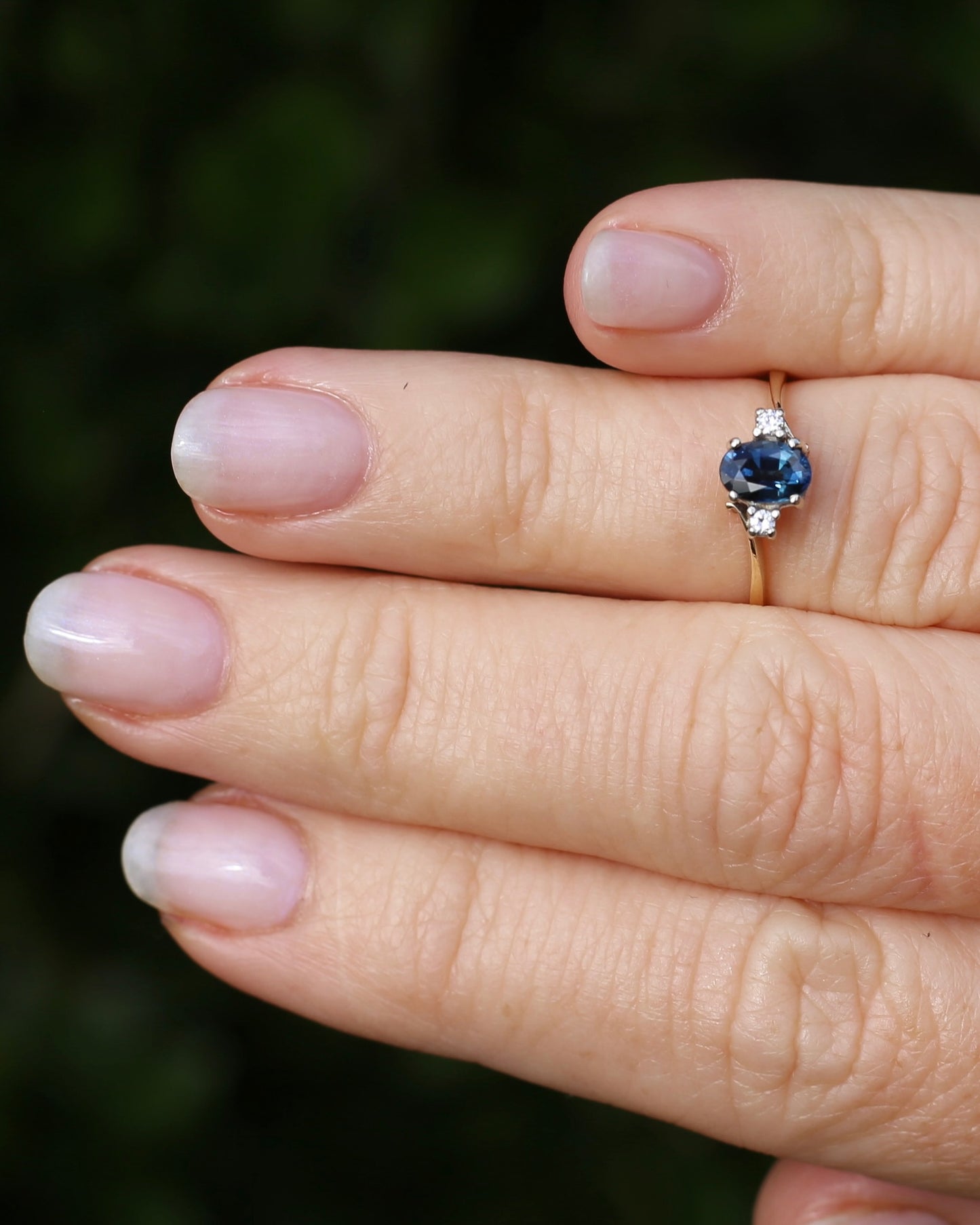 Vintage Natural Sapphire and Diamond Trilogy, 9ct Yellow and White Gold, size J or 4.75