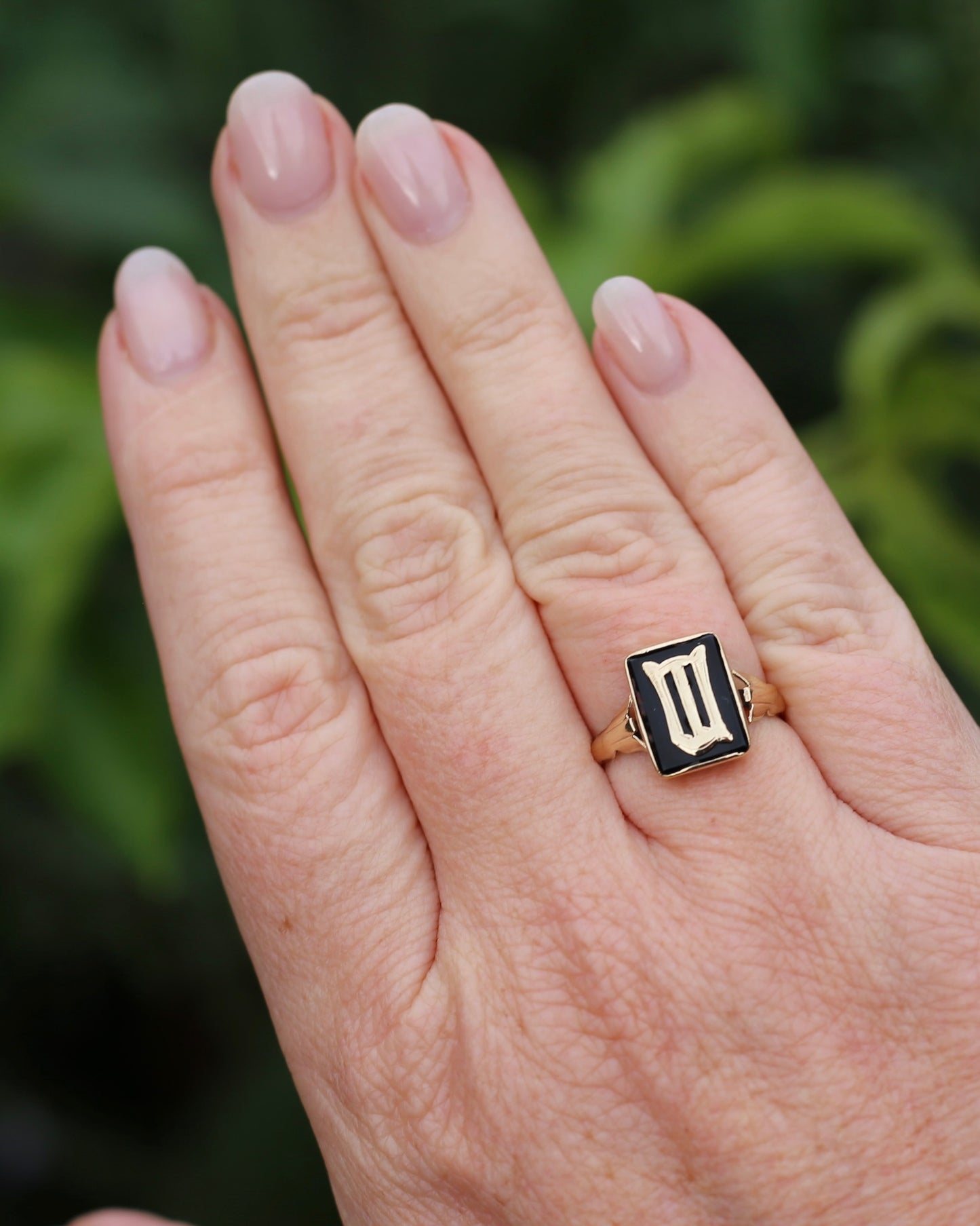"W/M" Vintage Onyx and 9ct Yellow Gold Signet Ring, 9ct Yellow Gold, size N or 6.75