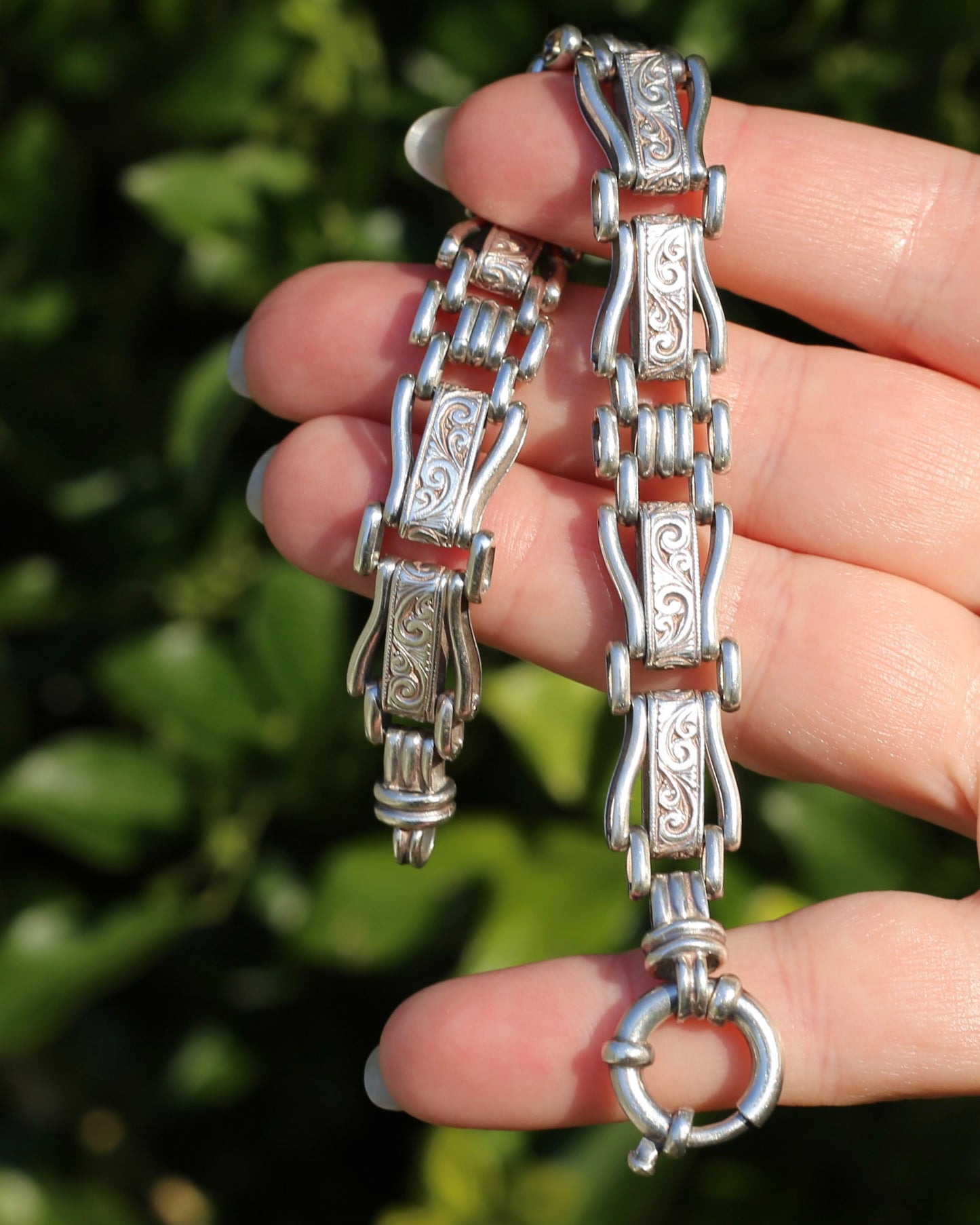 Fancy Link Engraved Bracelet, Sterling Silver, With Italian Bolt Clasp, 24.3g, 19cm