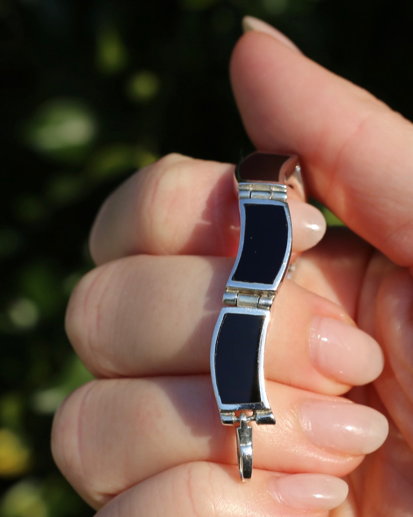 Black Panel Wavey Silver Bracelet, Sterling Silver, 18.3g, 19cm