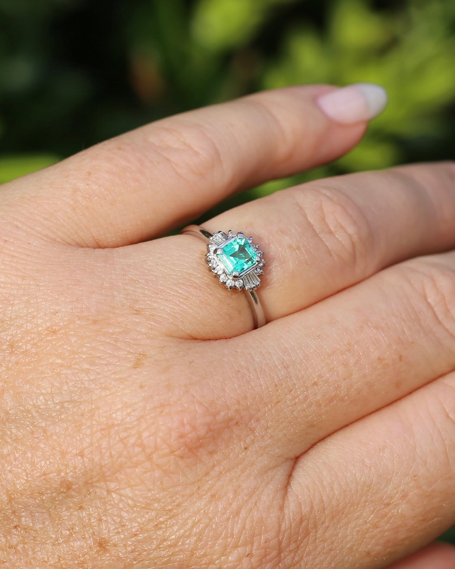 Natural Square Step Cut Emerald and Diamond Baguette Ballerina Skirt, Platinum Ring, size O or 7.25