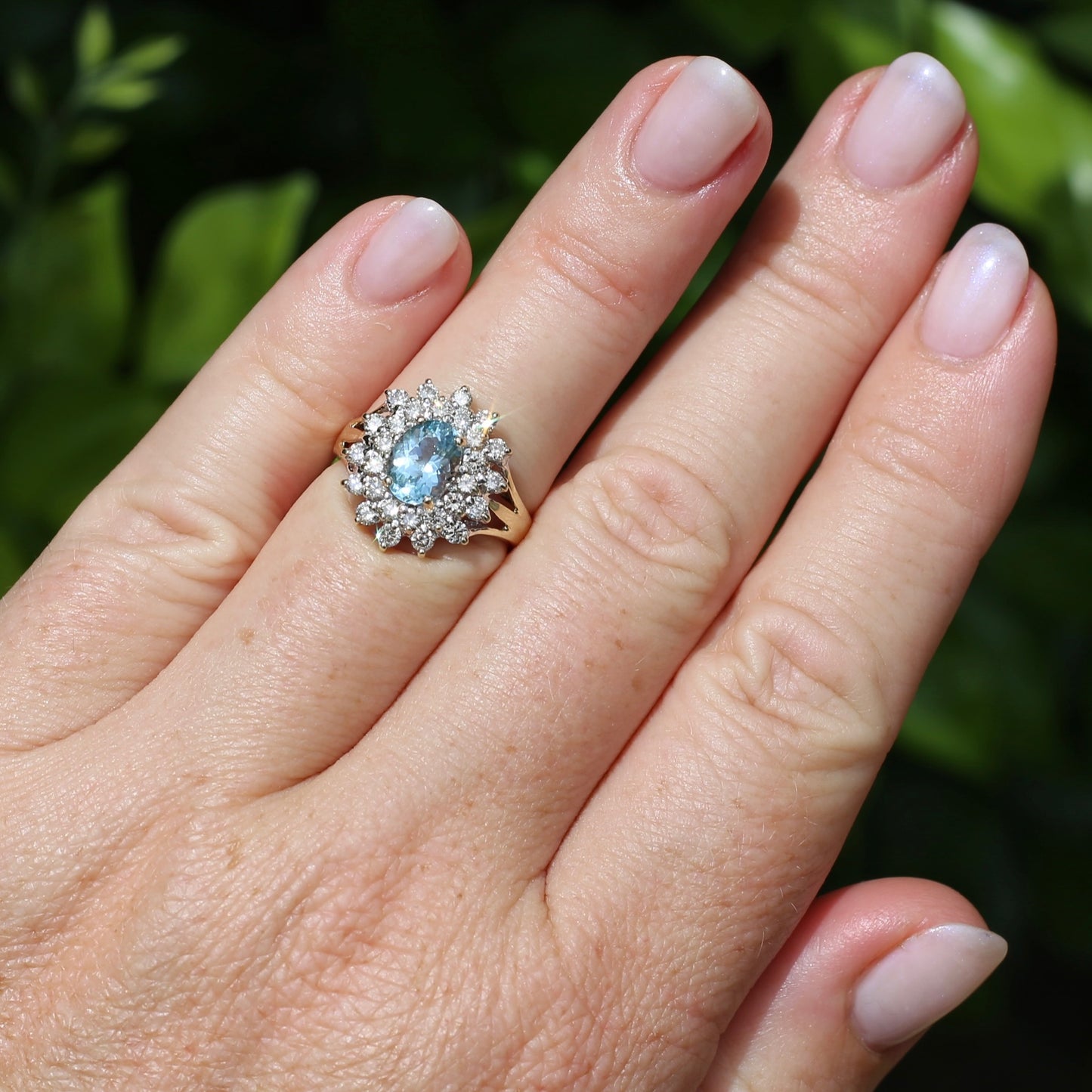 1.1ct Oval Aquamarine and Double Diamond Halo (0.88ct), 9ct White and Yellow Gold, size 6.25 or M